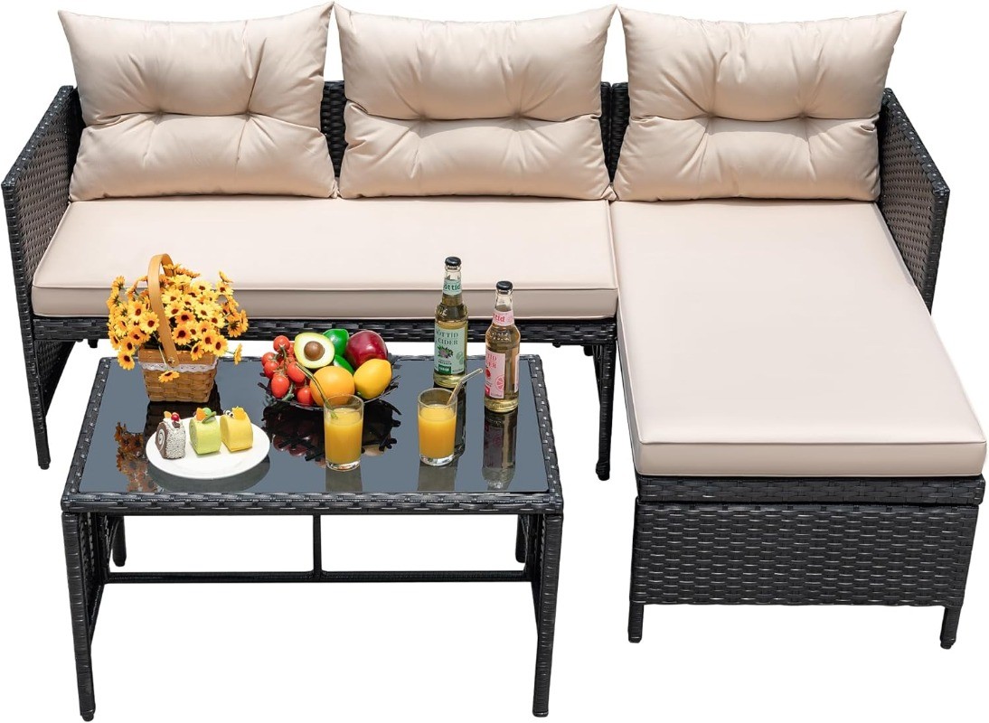 Outdoor Patio Furniture 3-Piece Rattan Waterproof Sectional L Shaped Sofa Couch