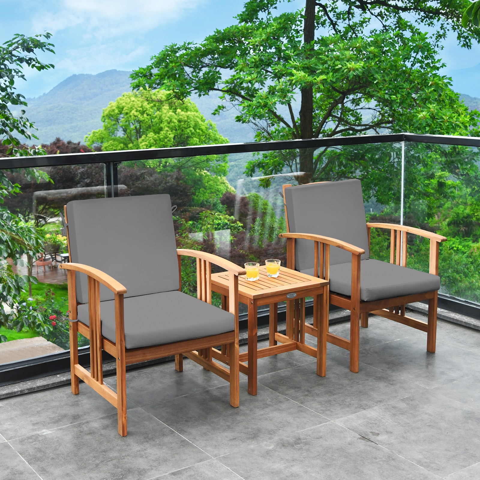 3 PCS Patio Furniture Set Solid Wood Cushioned Sofa Conversation Set Deck Grey