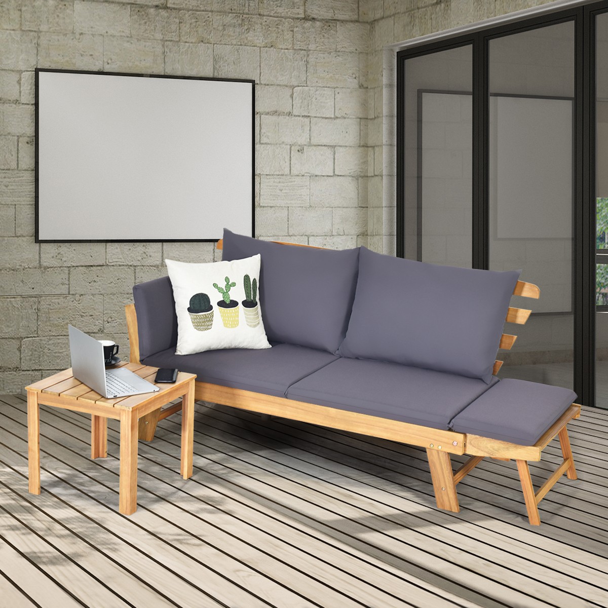 Patio Convertible Sofa Daybed Solid Wood Adjustable Furniture W/Thick Cushion