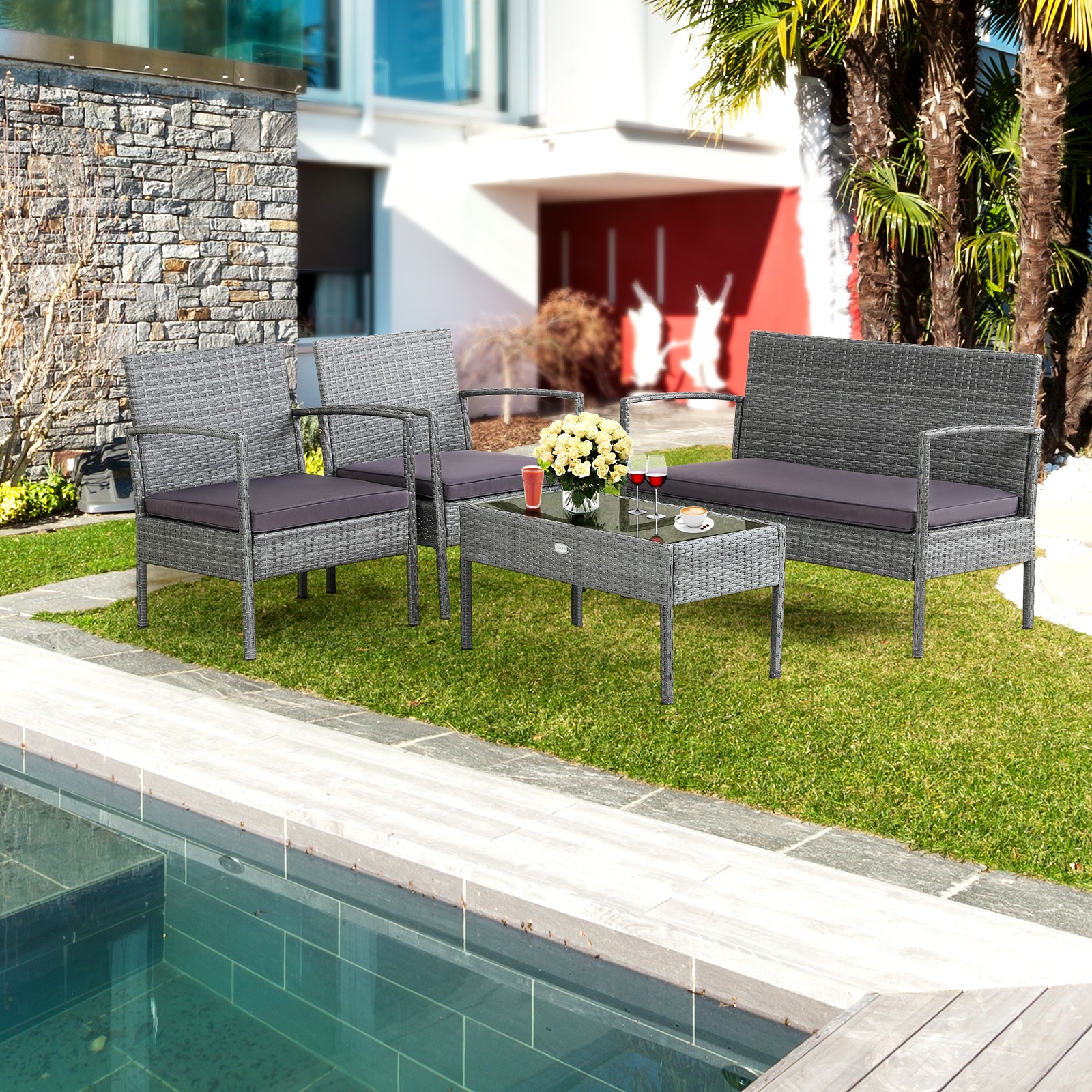 4 PCS Outdoor Rattan Furniture Set Patio Conversation Sofa Set Cushioned Grey