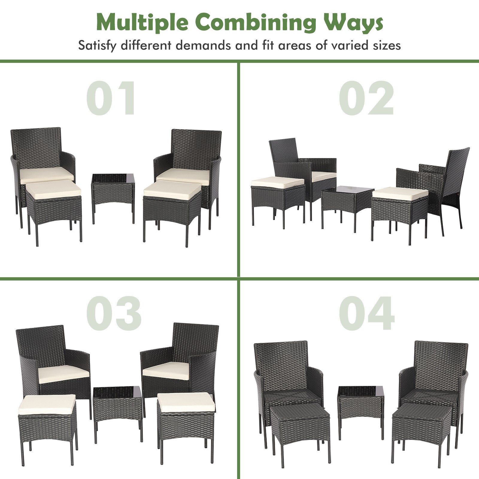 Patio 5PCS Rattan Furniture Set Cushioned Sofa Ottoman Armrest Side Table Garden
