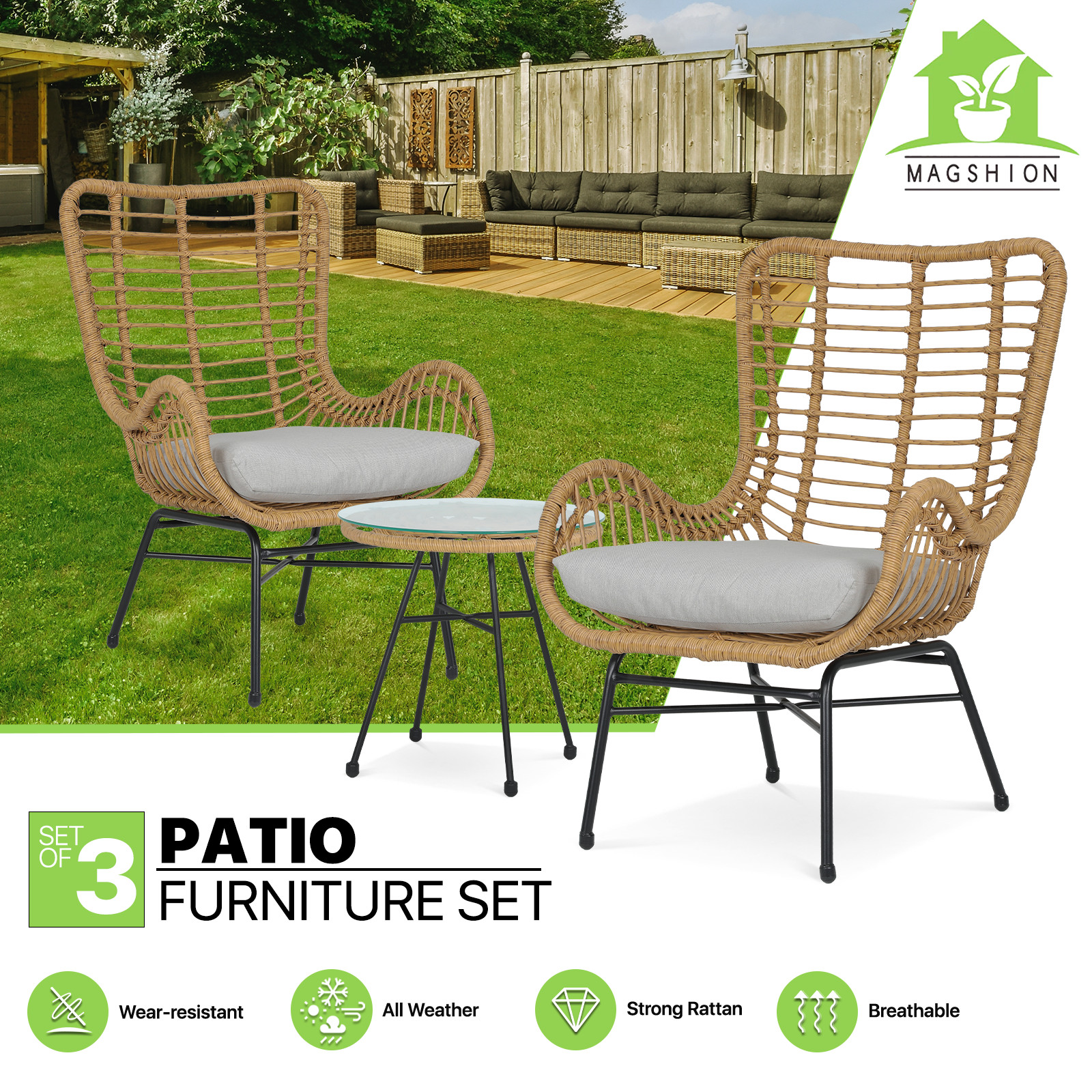 3 Pieces Patio Furniture Set PE Rattan Wicker Yard Sofa Chair Outdoor Furniture