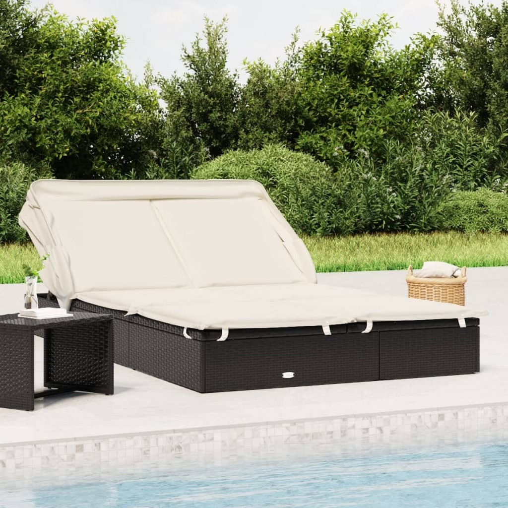 Sunbed Black PE Rattan, Powder-Coated Steel, 100% Polyester Double