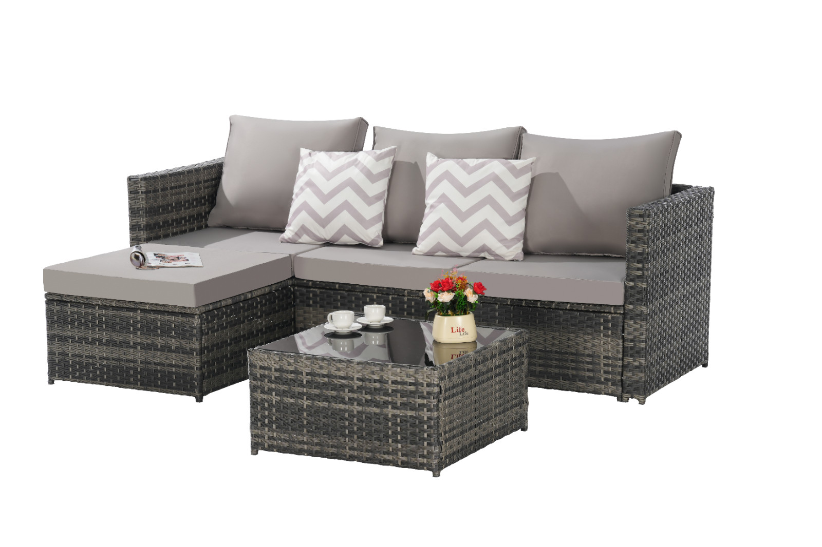 2 Pieces L- Shaped Patio Furniture Set with Ottoman, Detachable Lounger Table