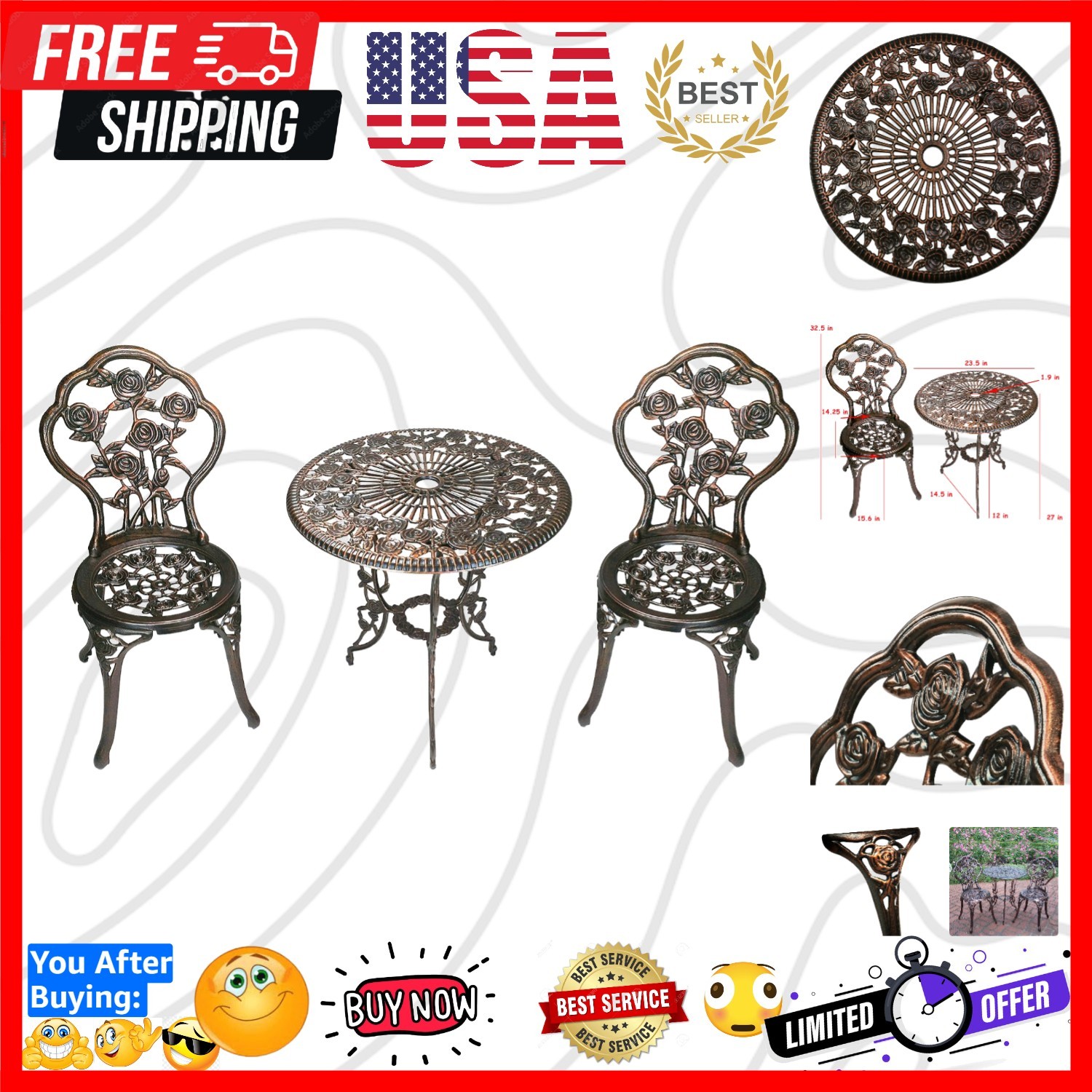 3-Piece Rose Bistro Set with 23.5-Inch Cast aluminum Top Table