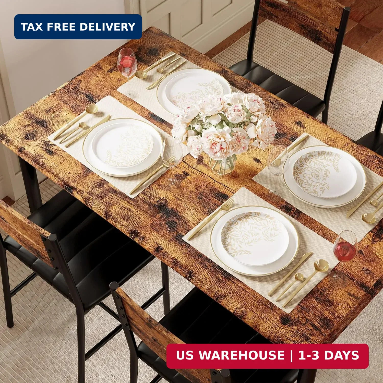 Dining Table Set for 4, Wood Kitchen Table with Upholstered Chairs for Kitchen