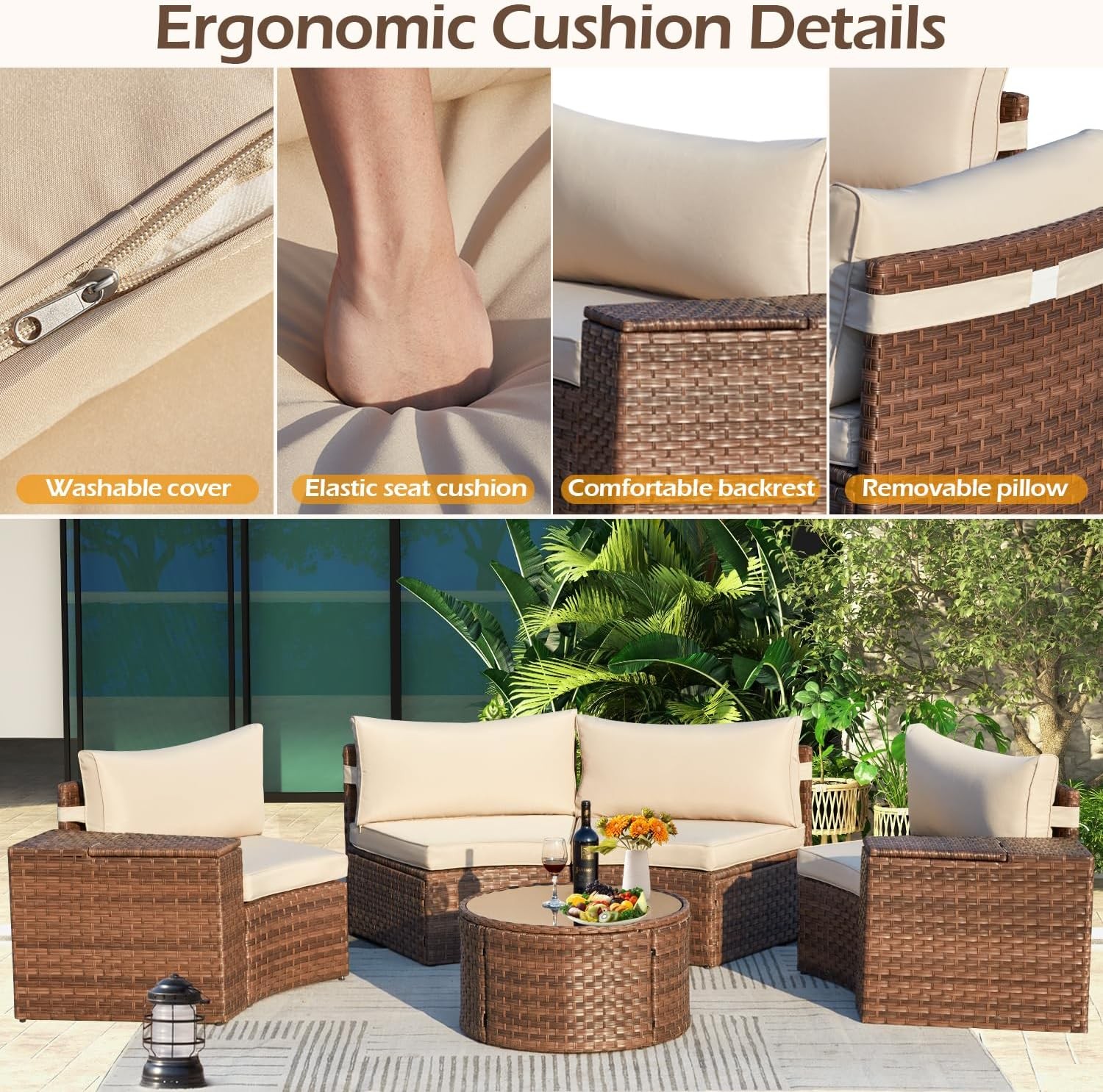 Set of 7 Half-Moon Patio Furniture All-Weather Wicker Curved Sofa Storage Table
