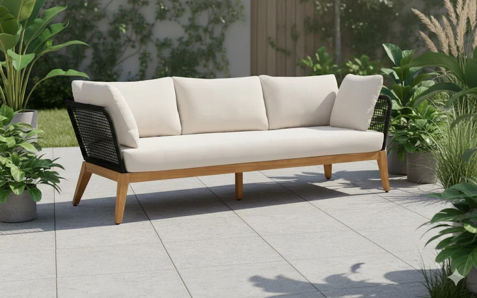 Cypress Teak Wood Sofa Set with Black Rope Design – Modern Outdoor Lounge 4-Sea