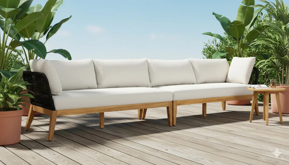 Cypress Teak Wood Sofa Set with Black Rope Design – Modern Outdoor Lounge 4-Sea