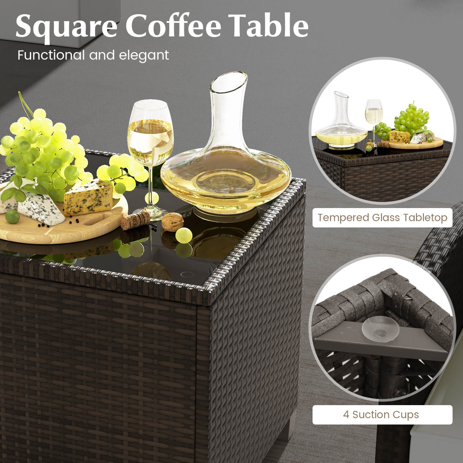 Patio 5 Piece Rattan Furniture w/ 2 Ottomans & Tempered Glass Coffee Table