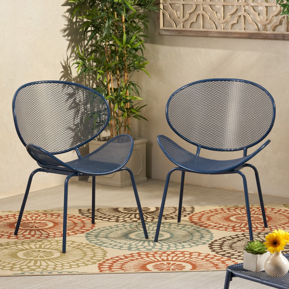 Metal Dining Chair Navy Blue, Iron Frame Patio Garden Restaurant