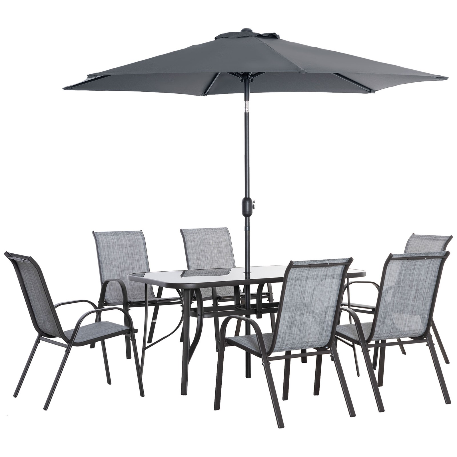 Gray 8pcs Outdoor Patio Dining Set Furniture, 6 Chairs, Table, and Angle Umbrell