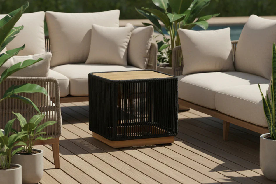 Cypress Teak Wood Sofa Set with Black Rope Design – Modern Outdoor Lounge 4-Sea