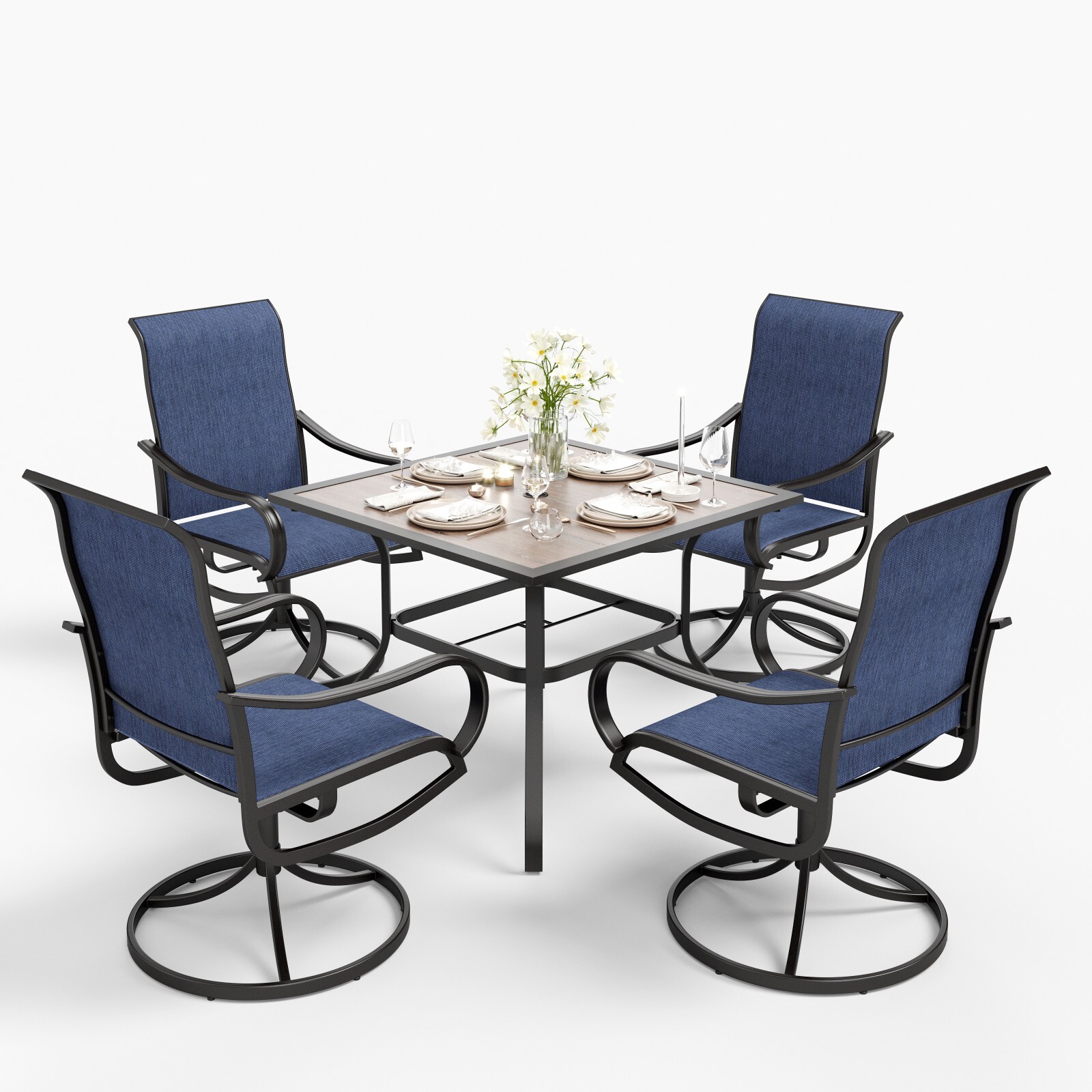 5 Piece Patio Dining Set Outdoor Swivel Chairs Square Table with Umbrella Hole
