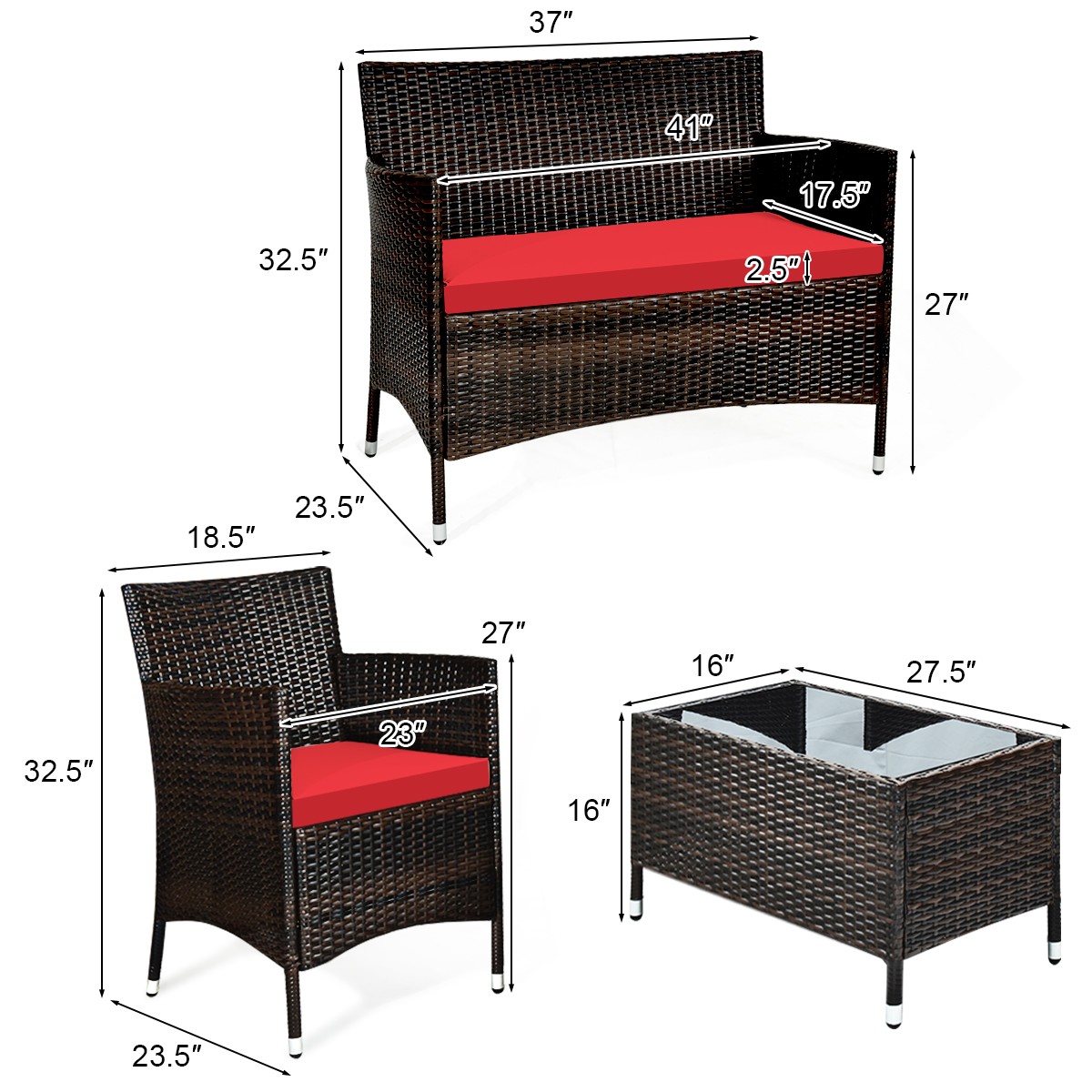 4PCS Rattan Patio Furniture Set Cushioned Sofa Chair Coffee Table Red