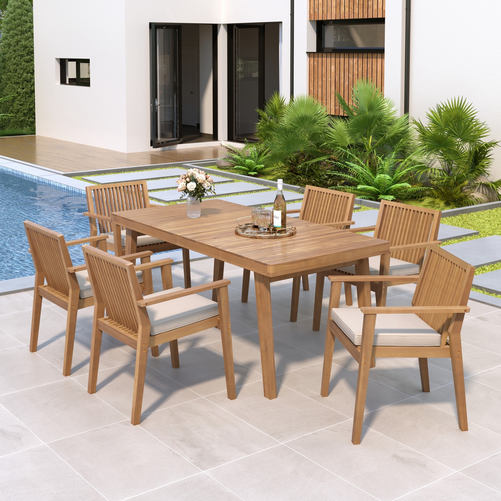 7 PCS Acacia Wood Outdoor Dining Set 69in Table +6 Chairs W/ Cushions Patio Deck