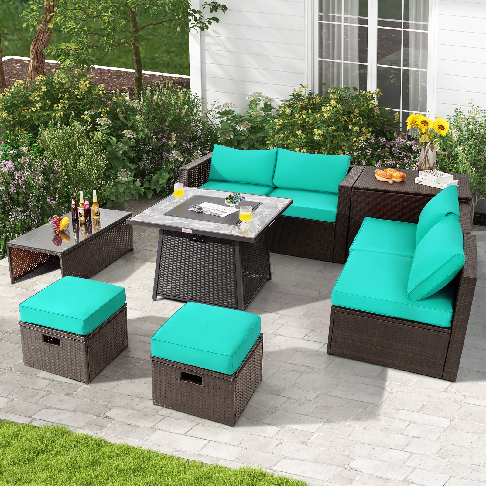 9PCS Outdoor Patio Furniture Set with 35″ Propane Fire Pit Table Cover Turquoise