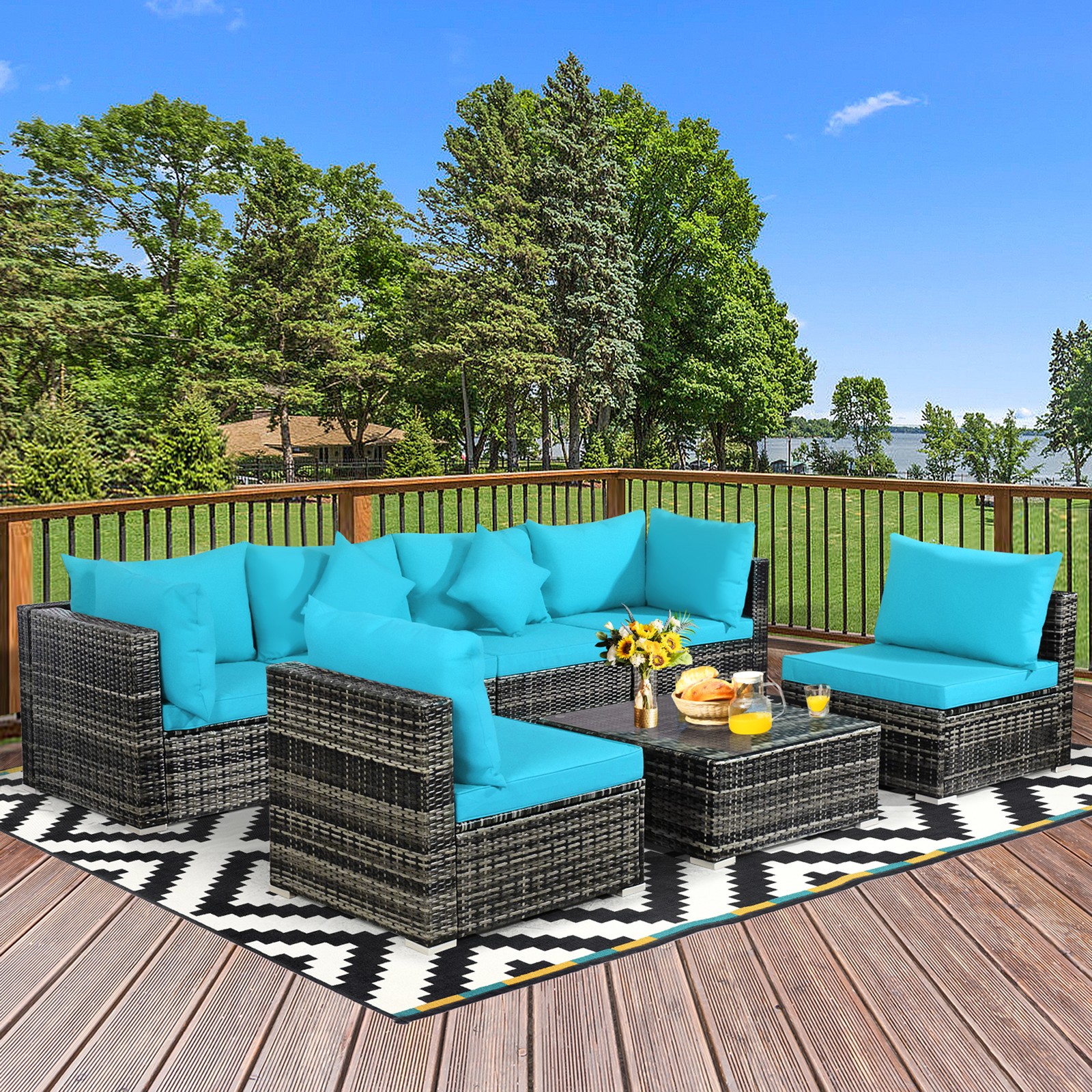 7PCS PE Rattan Patio Sectional Sofa Conversation Set w/ Turquoise Cushions