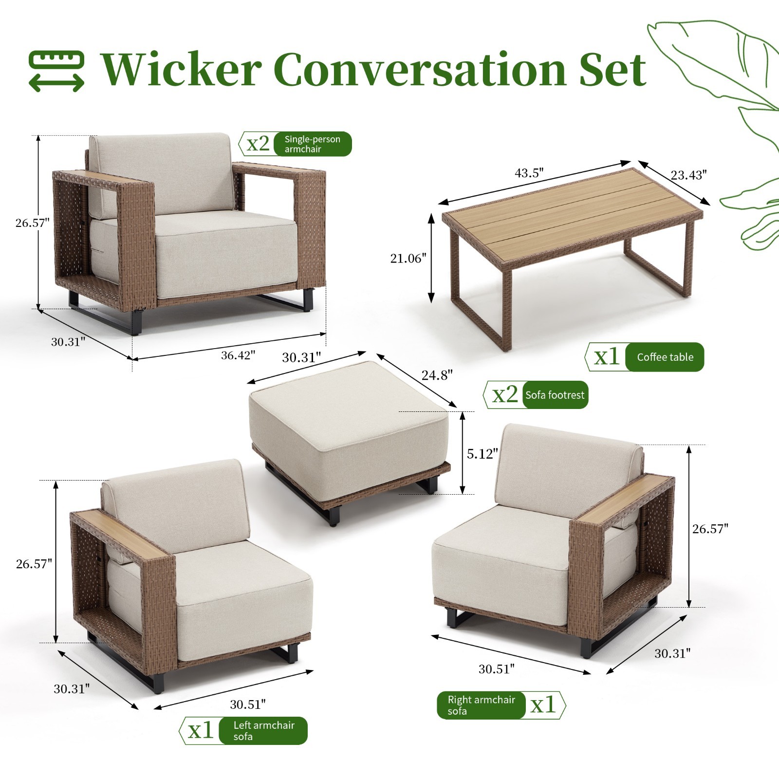 EBELLO Wicker Patio Conversation Set – 2 Seater Sofa, 2 Chairs and Coffee Table