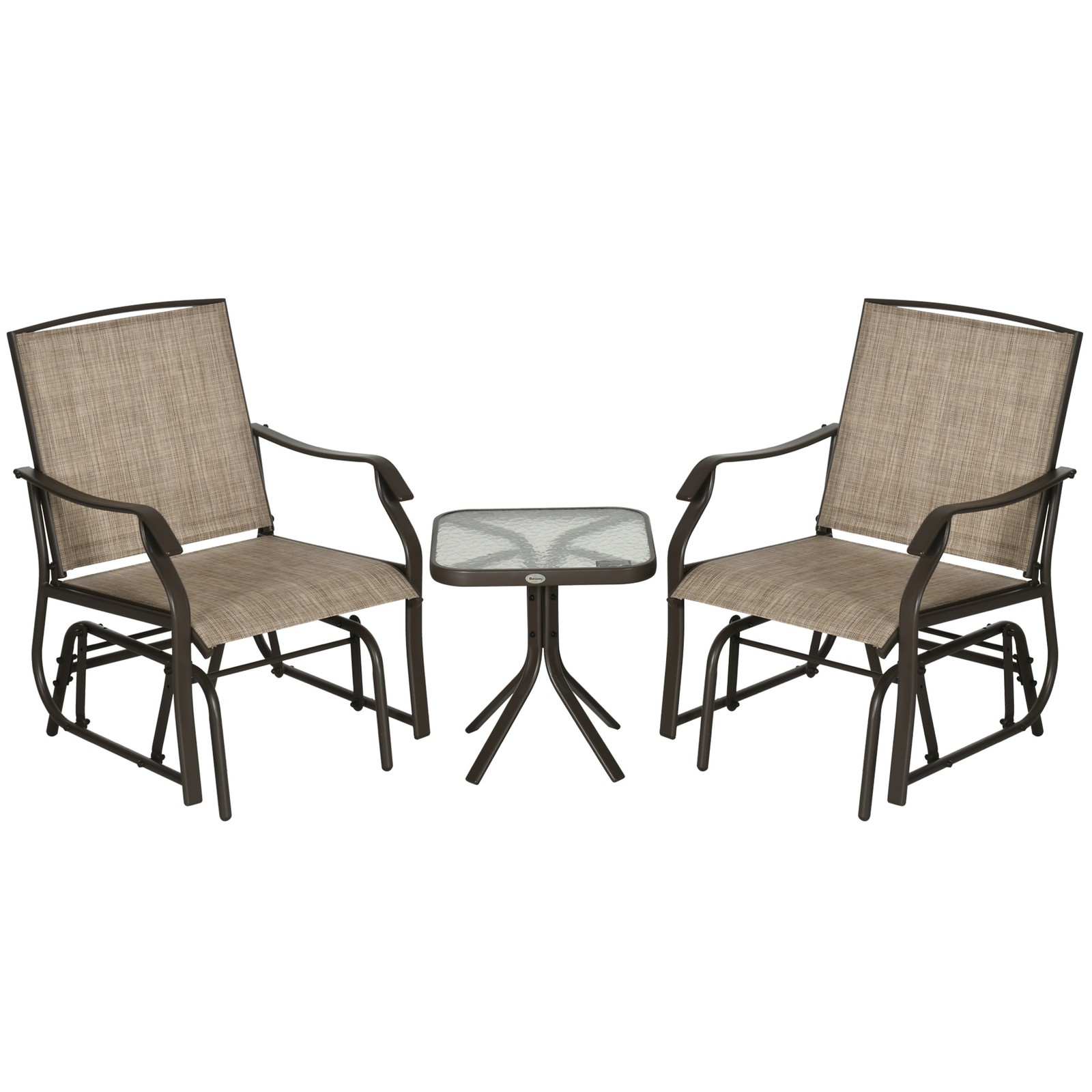 3 Piece Bistro Set with Outdoor Gliders, Glass Top Table, Brown