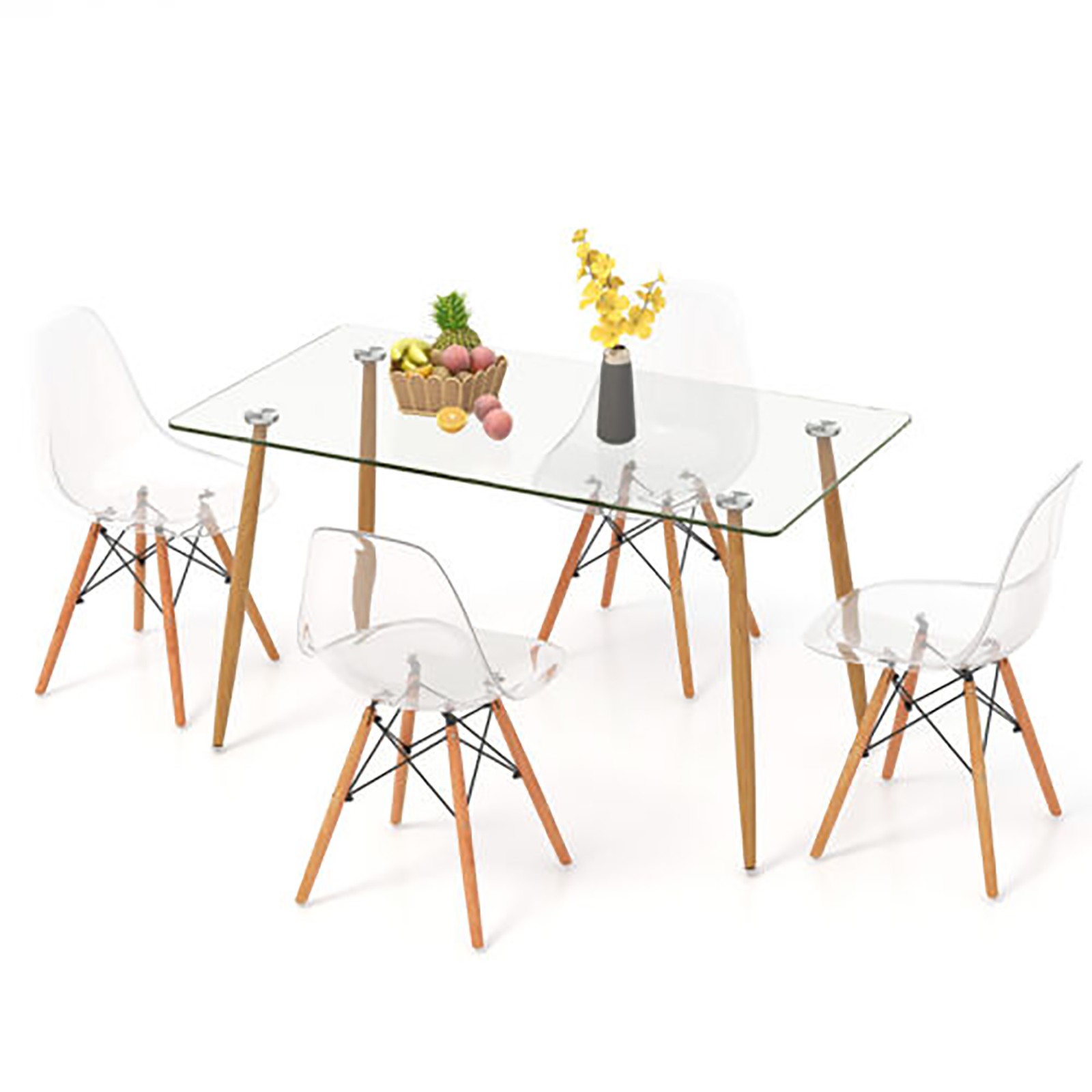 Modern 5-Piece Dining Table Set w/ Rectangle Glass Table & 4 Transparent Chairs