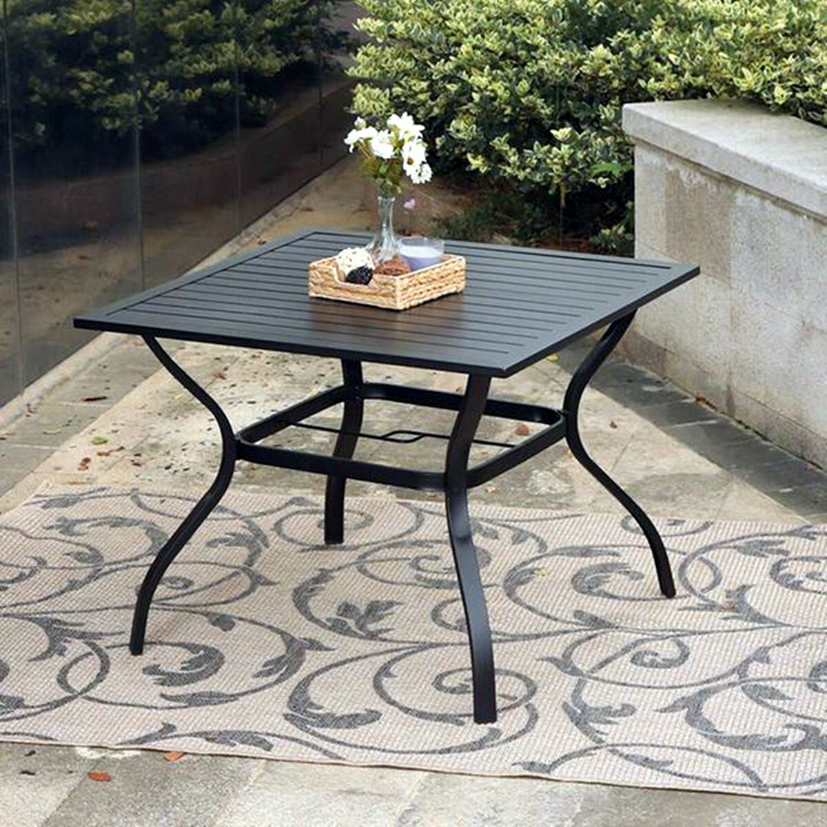 5 Piece Patio Furniture Set Outdoor Chairs Stackable Armchair Square Table Black