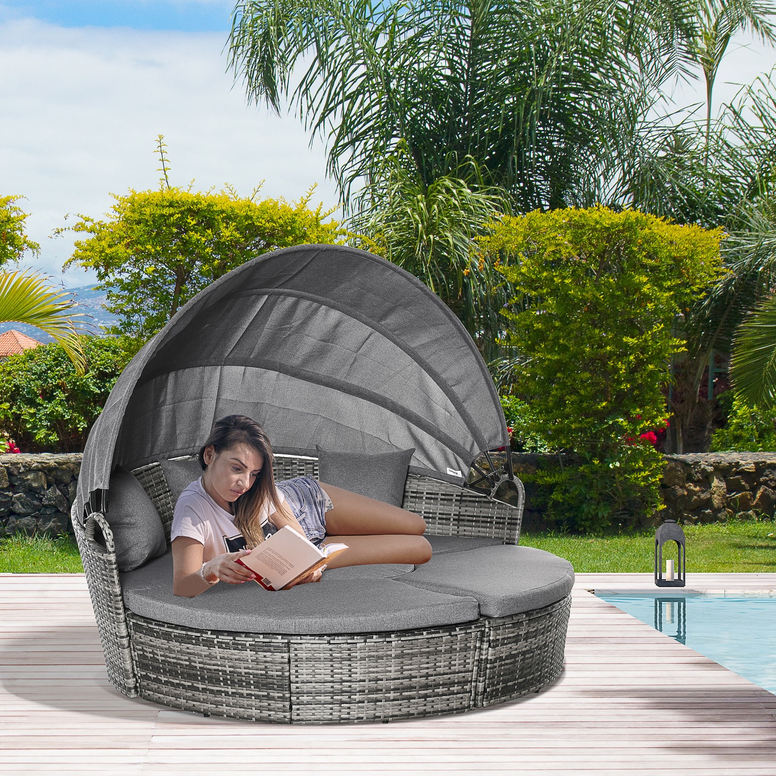 Outdoor Convertible Daybed, 4pc Furniture Set, Sofa, Tea Table, Chairs, Grey
