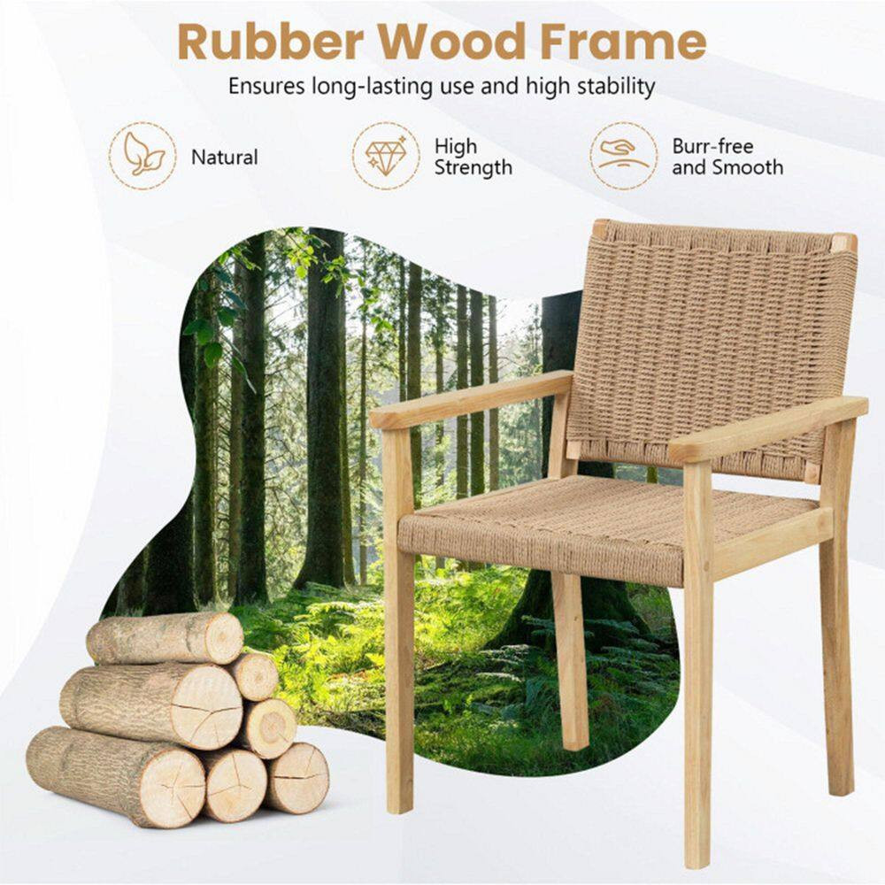 Set of 2 Natural Brown Wood Frame Patio Outdoor Dining Chairs with Comfortable B
