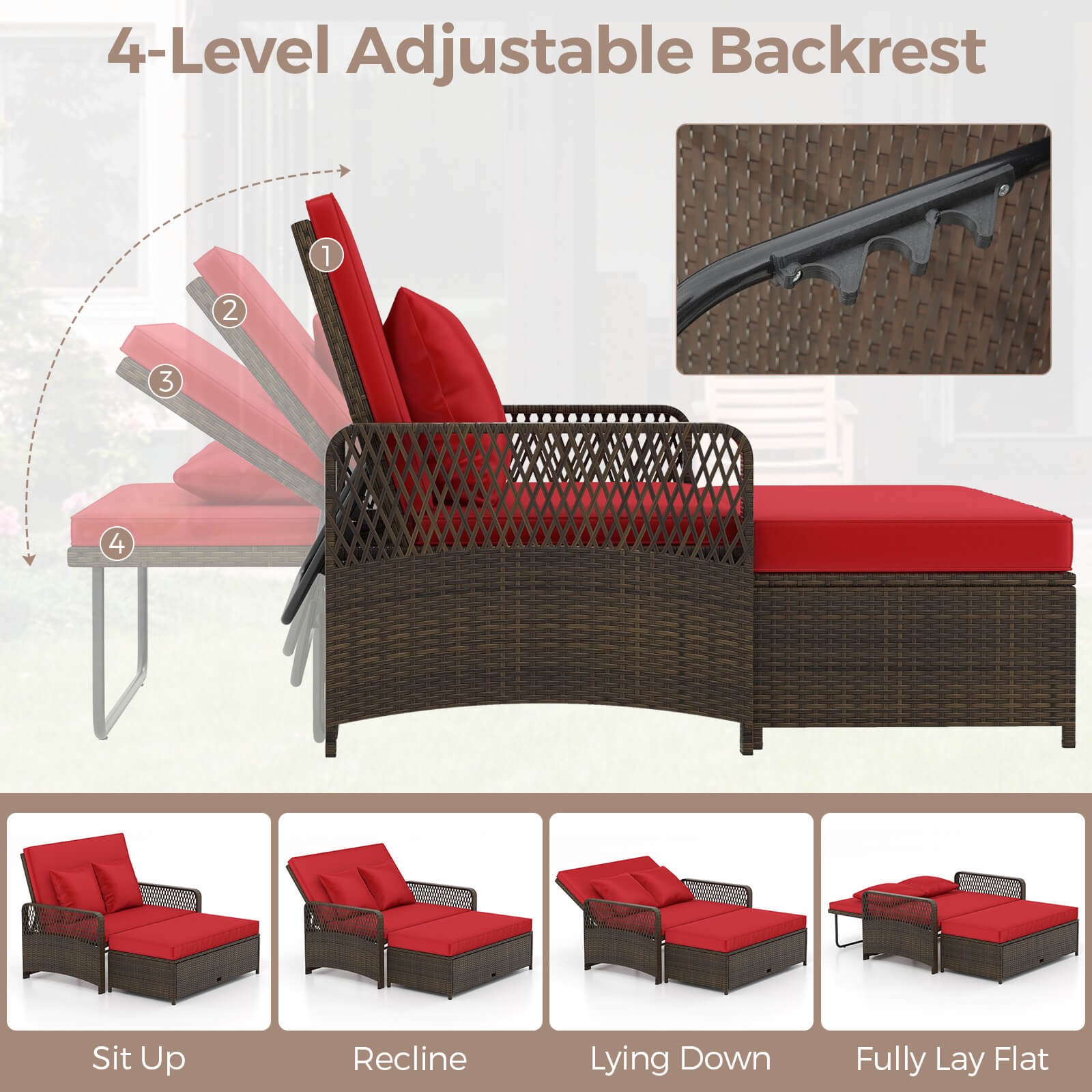 Patio Rattan Daybed Wicker Loveseat Sofa with Multifunctional Ottoman