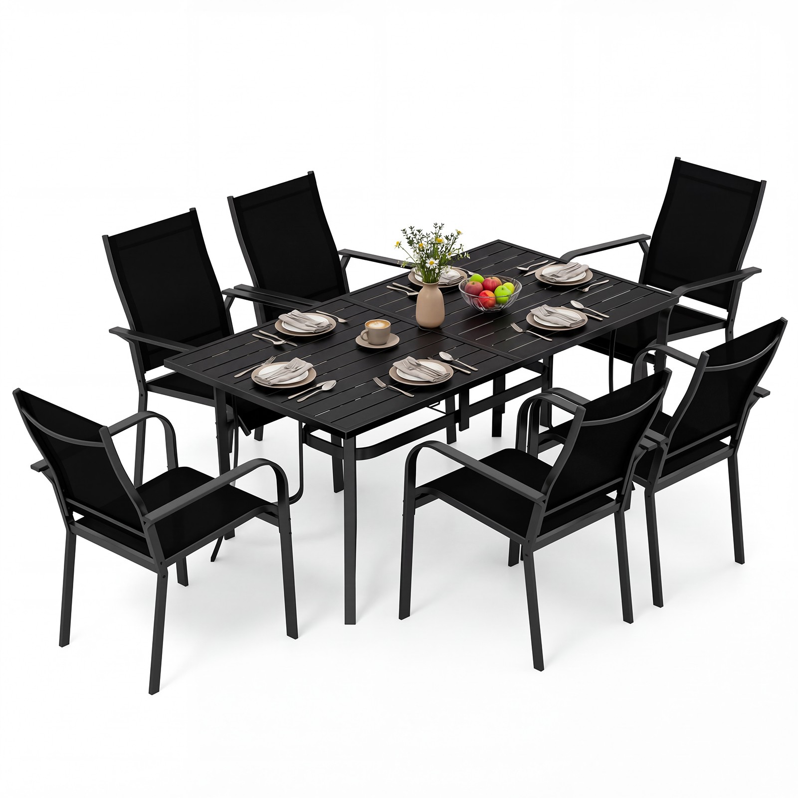 7PCS Patio Dining Set for 6, Metal Table w/Umbrella Hole & 6 Stackable Armchairs
