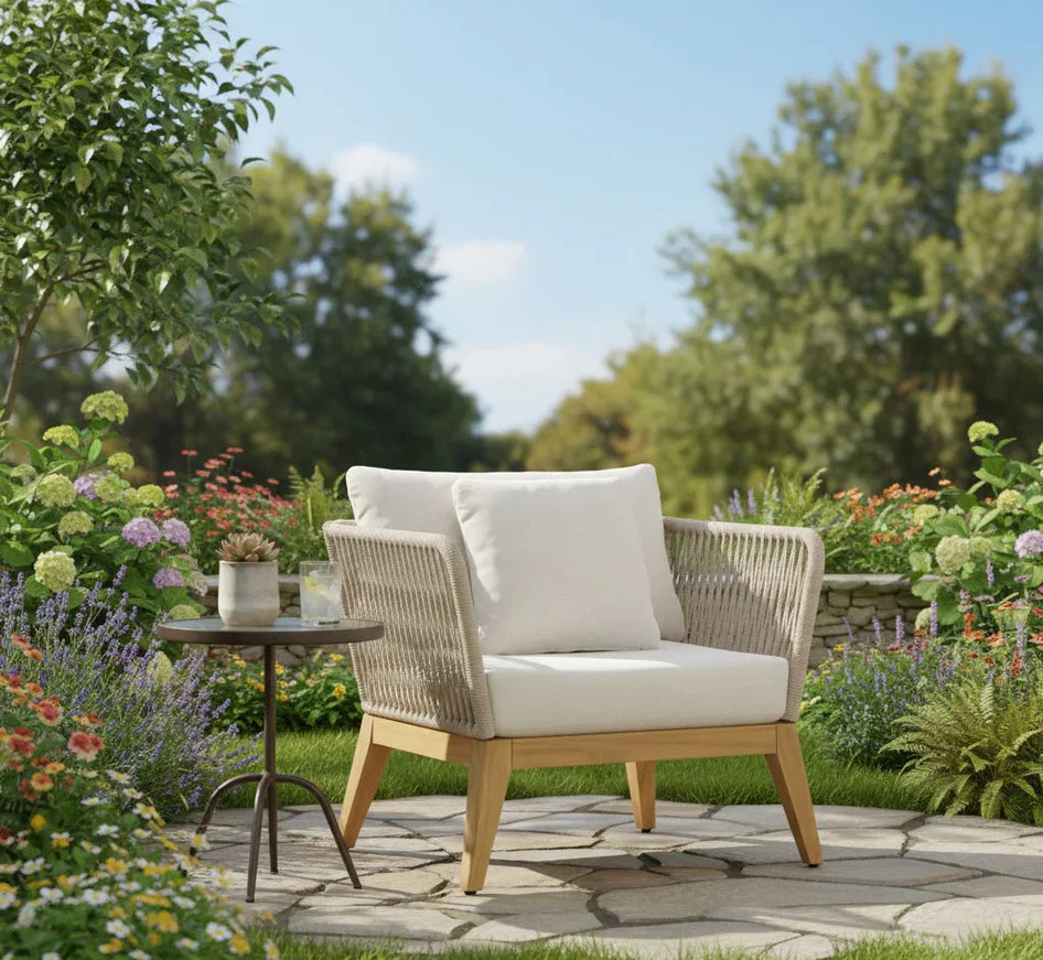 Cypress Teak Wood Sofa Set with Beige Rope Design – Modern Outdoor Lounge 4-Sea