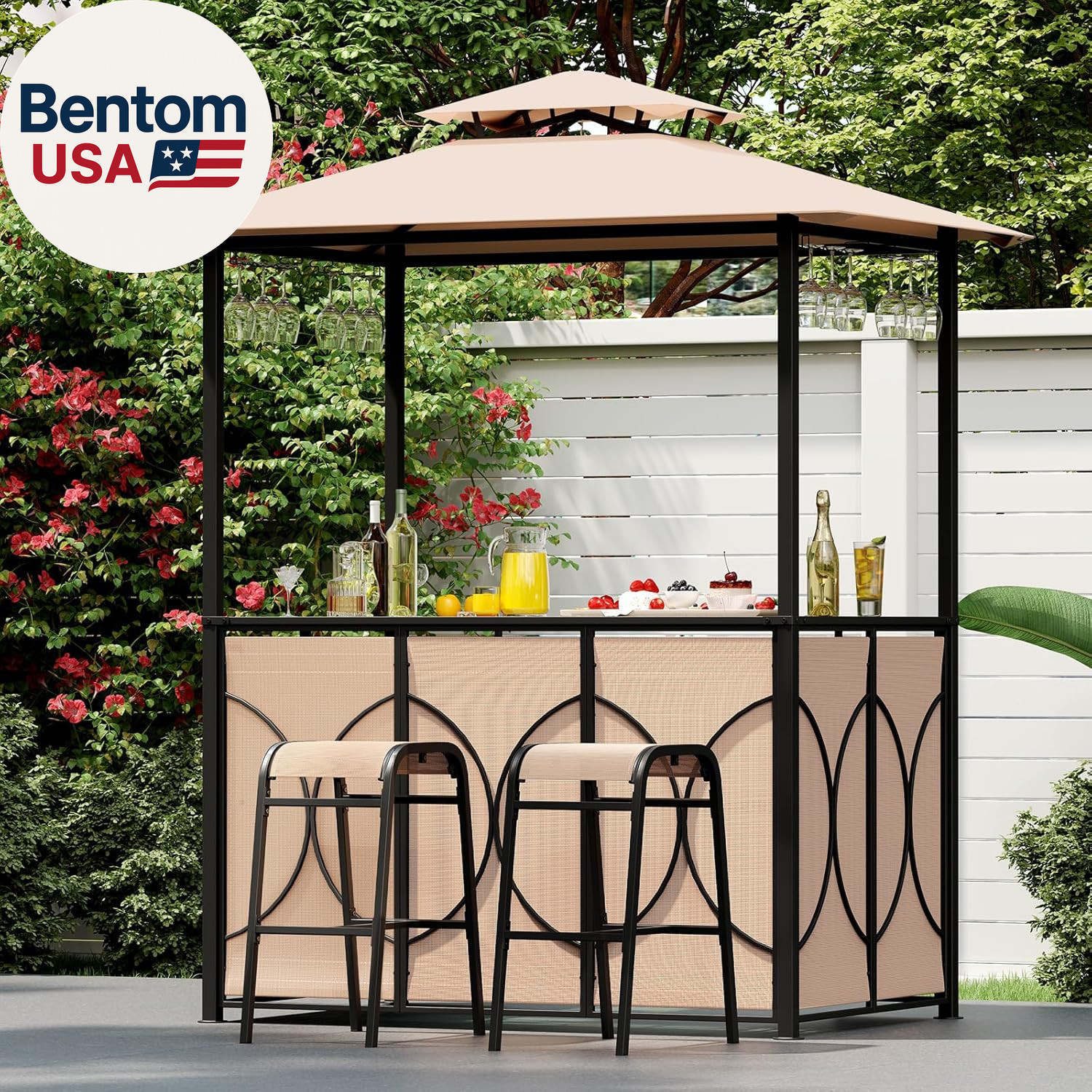 3-Piece Patio Bar Set, Grill Gazebo & 2 Bar Stools with Tempered Glass Bar Table
