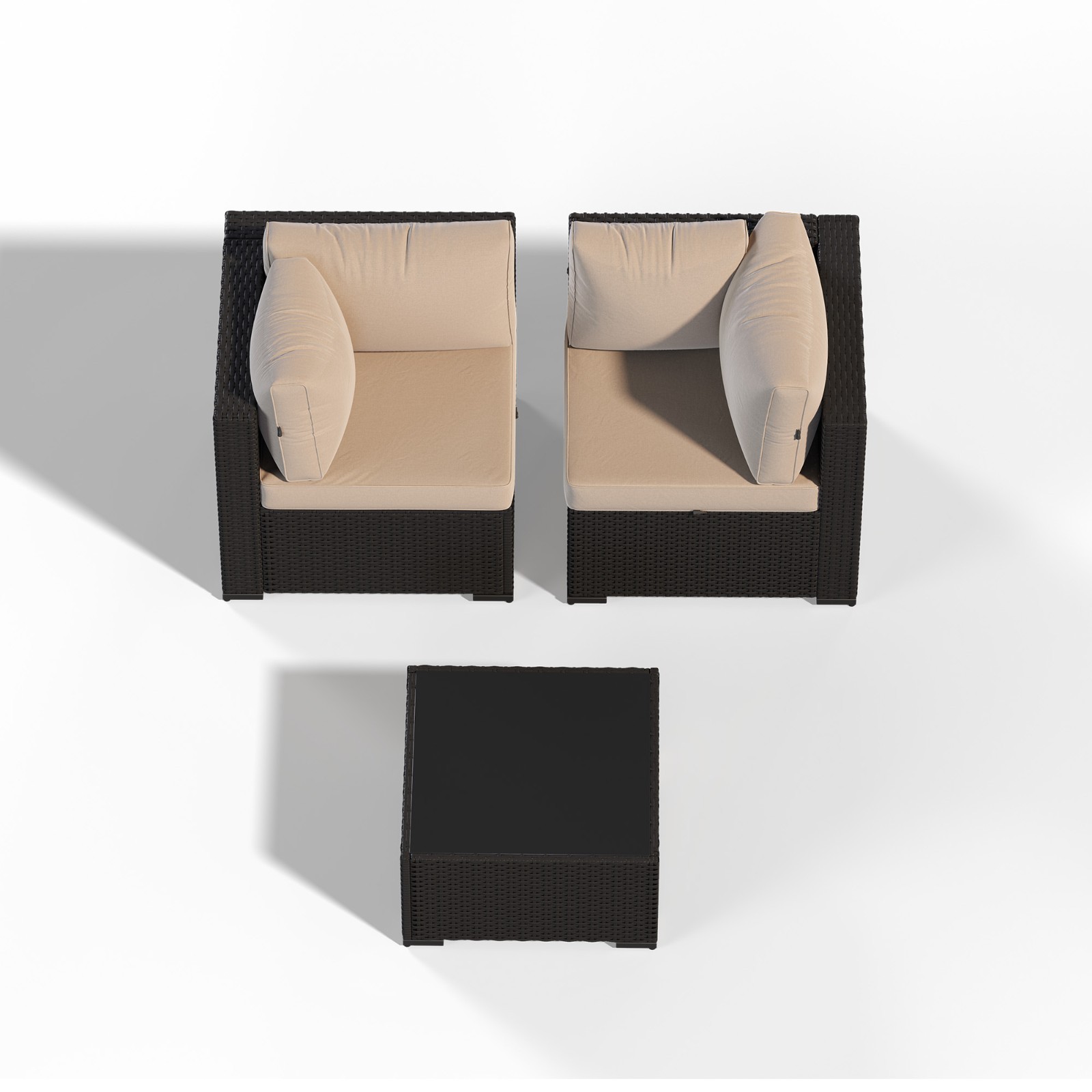 3-Piece Black Rattan Sofa Set Beige Cushions Coffee Table
