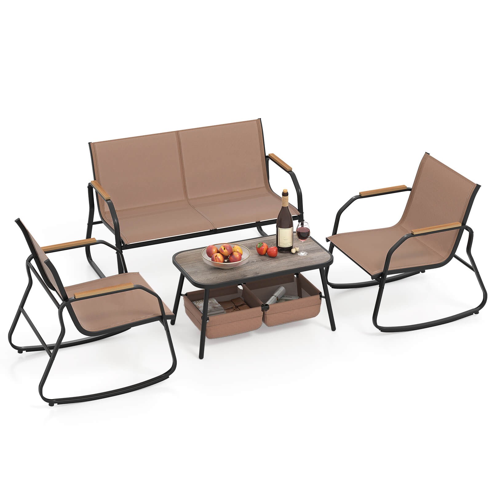 4 PCS Patio Furniture Set w/ 2 Rocking Bistro Chairs 2-Tier Coffee Table