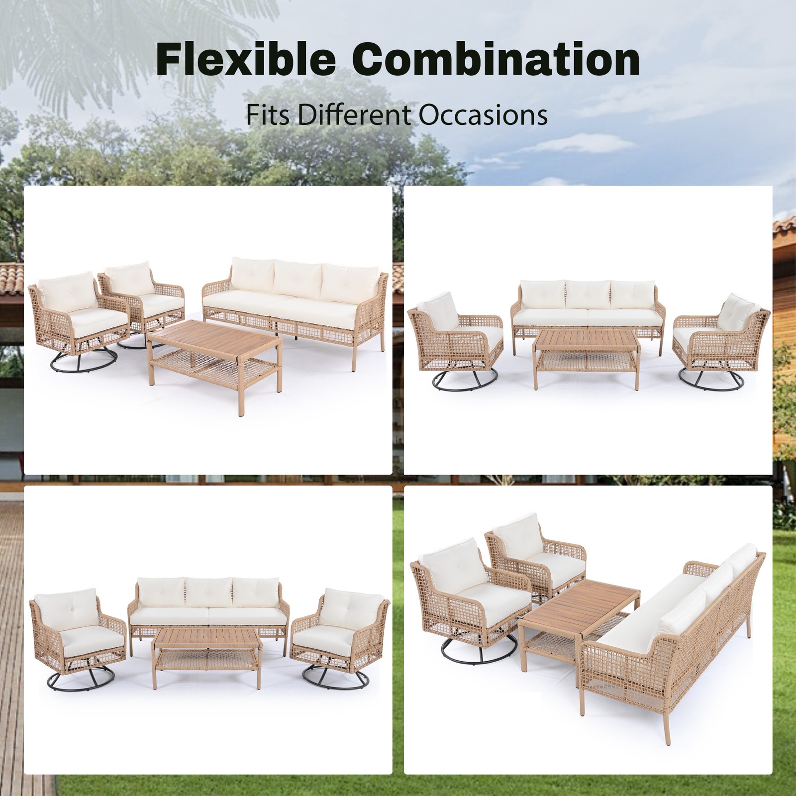 5-Piece Patio Furniture Set with Swivel Chairs, Beige Wicker Sectional Sofa