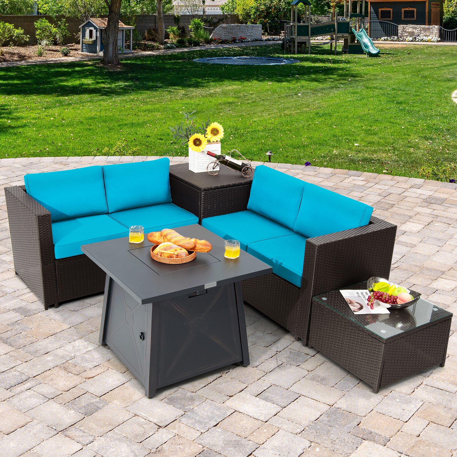 Patiojoy 5PCS Patio Rattan Furniture Set w/ 50,000 BTU Gas Fire Pit Turquoise