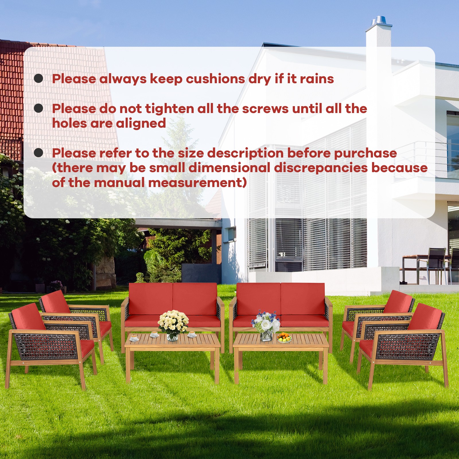 4-Piece Outdoor Acacia Wood Furniture Set Conversation Set Cushioned Red