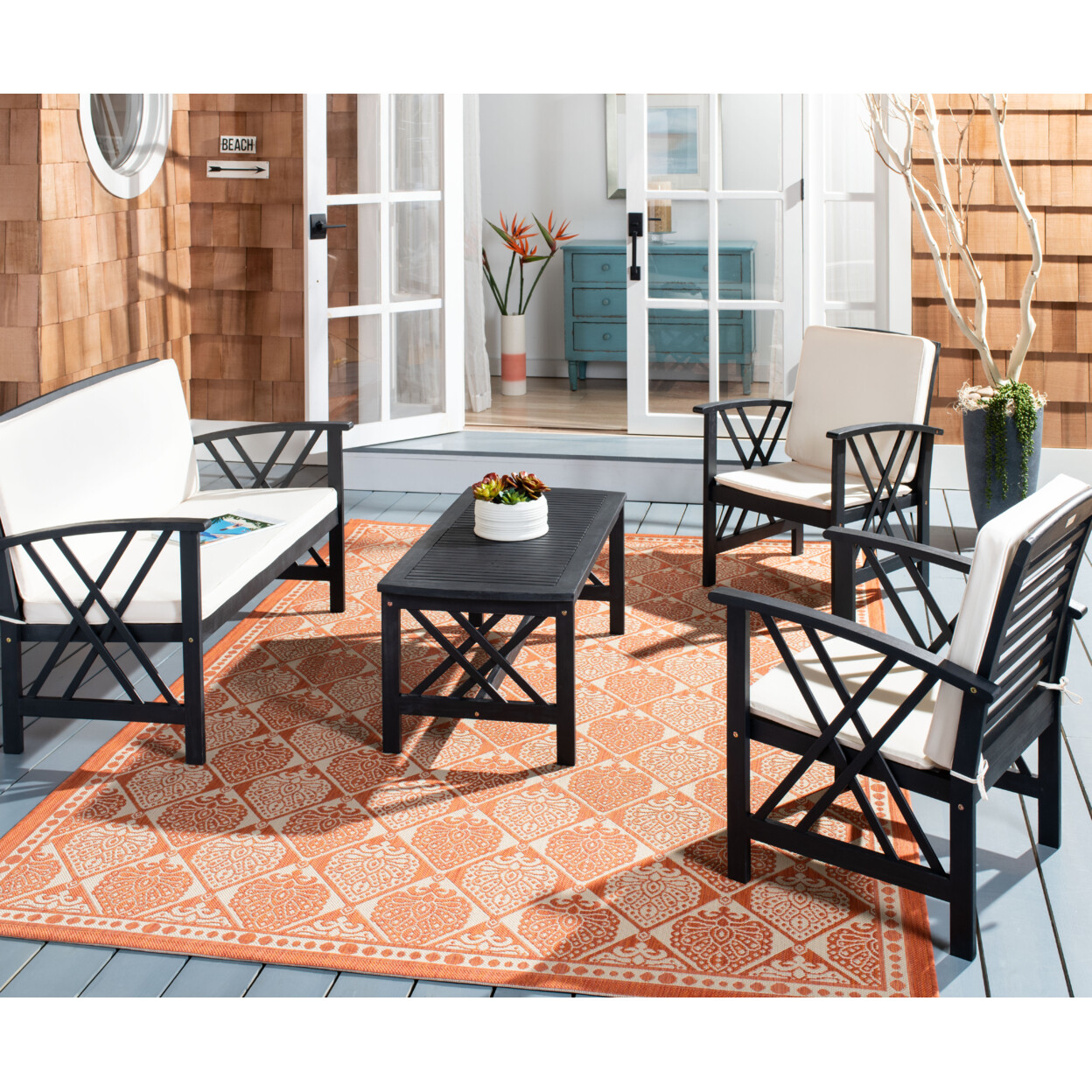 SAFAVIEH Outdoor Collection Fontana 4-Piece Patio Set | Black/Beige |