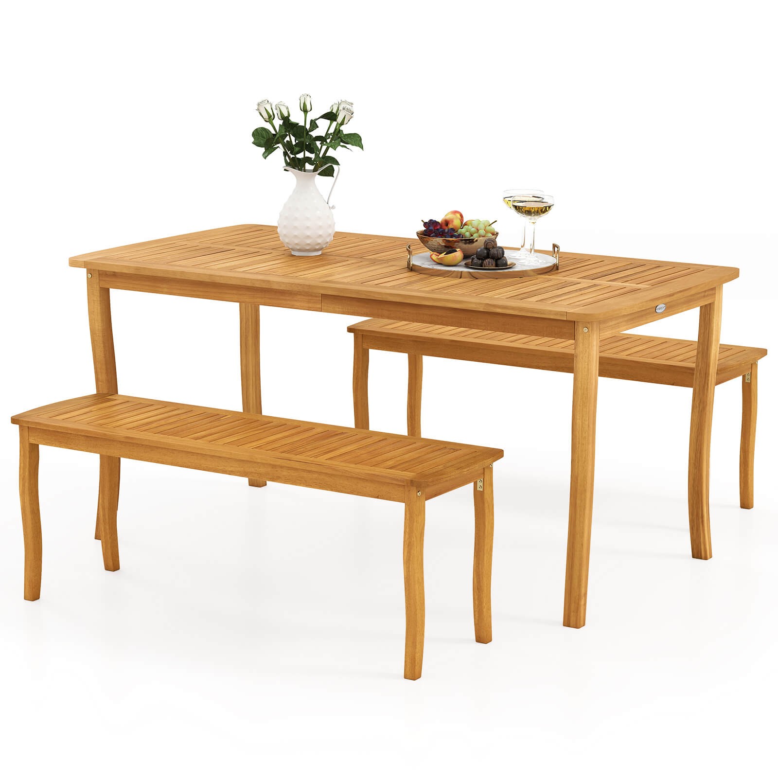 3 Pieces Outdoor Dining Set for 4 People, Patio Acacia Wood Table & Bench Set