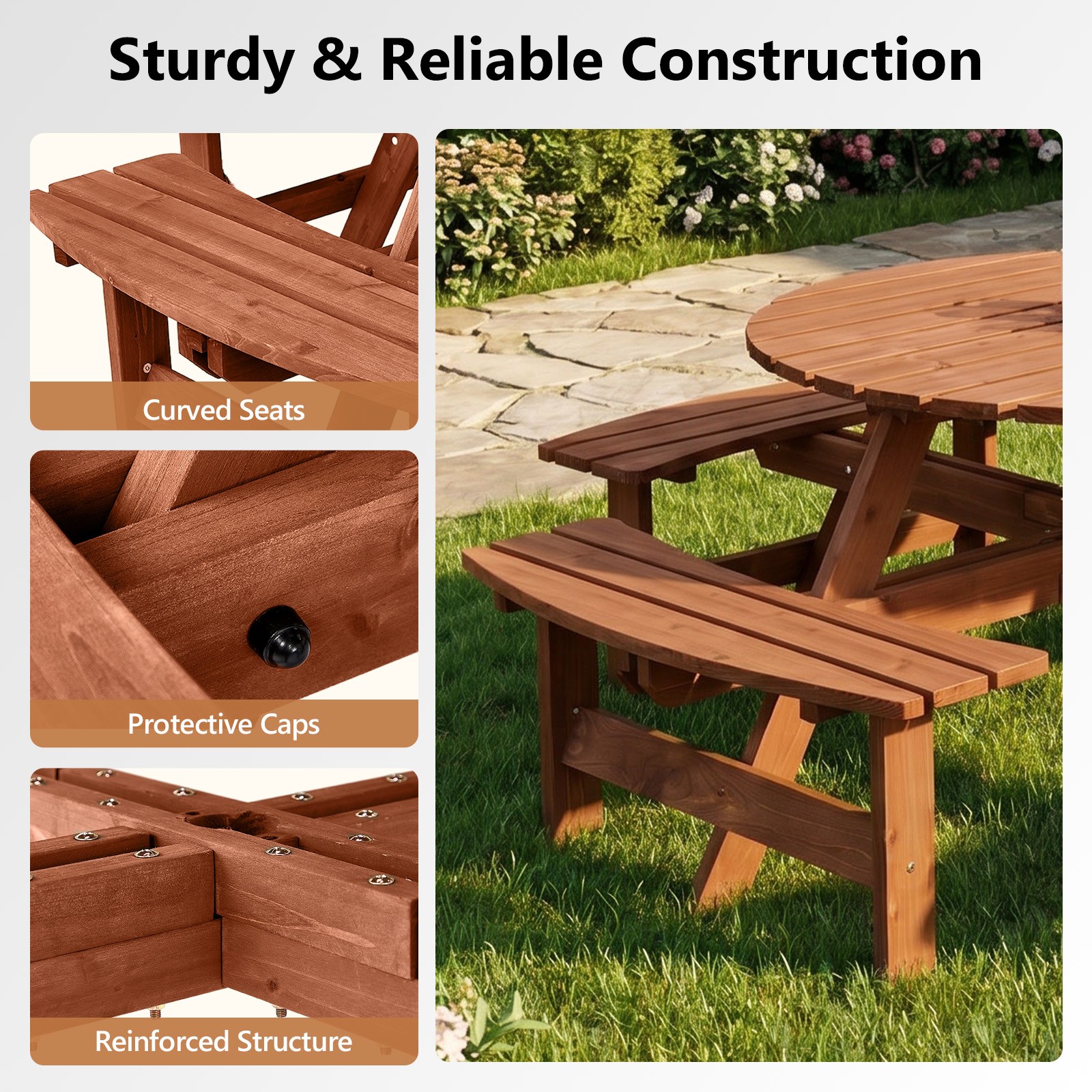 Wooden Picnic Table Set 8-Person w/ 4-Bench, Umbrella Hole for Indoor Outdoor
