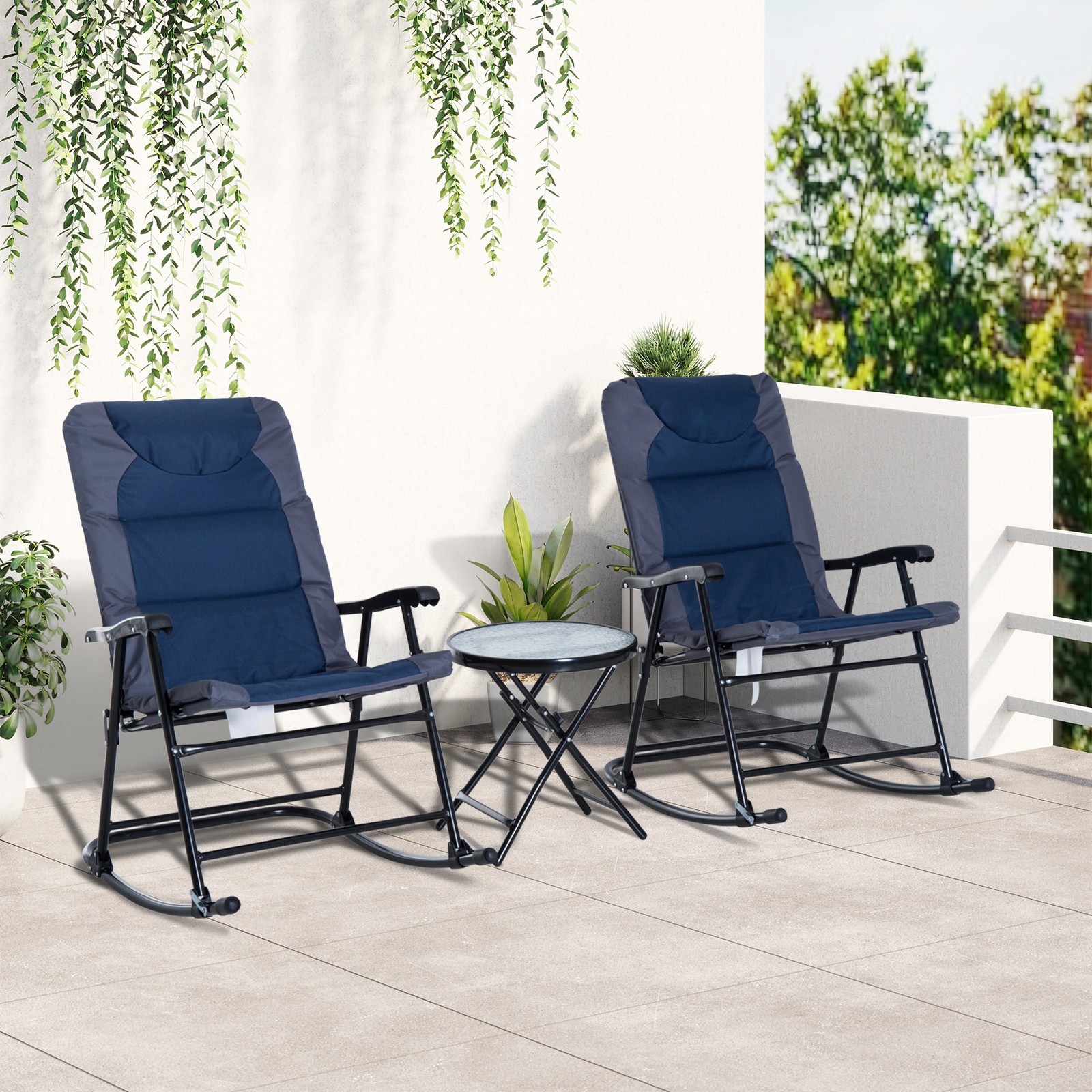 3PC Folding Outdoor Furniture Set, Rocking Chairs, Coffee Table, Blue