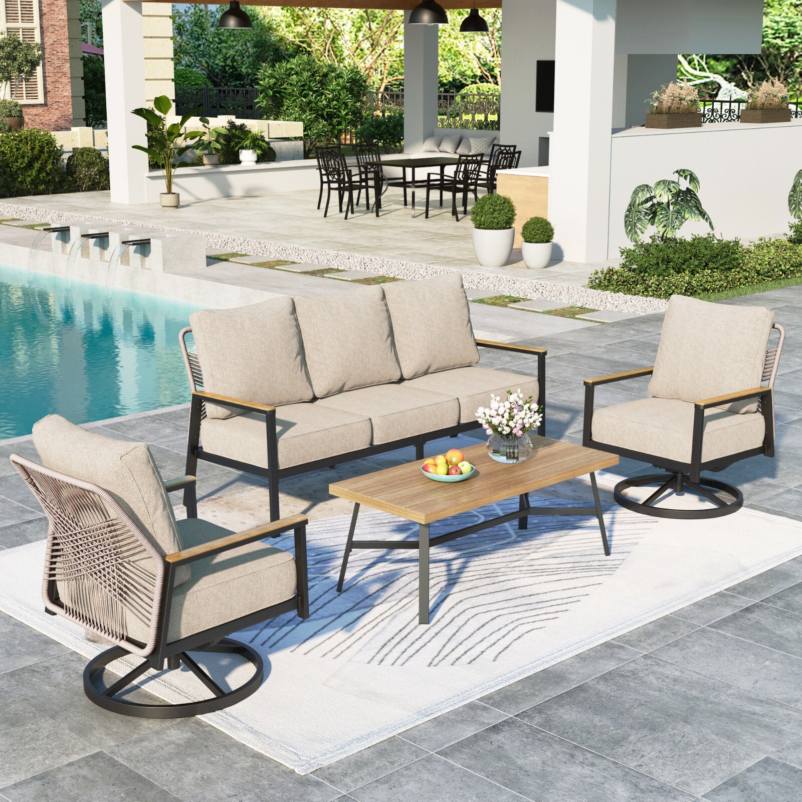 4 Pcs Patio Furniture Set Outdoor Wicker Conversation Set Sofa with Coffee Table