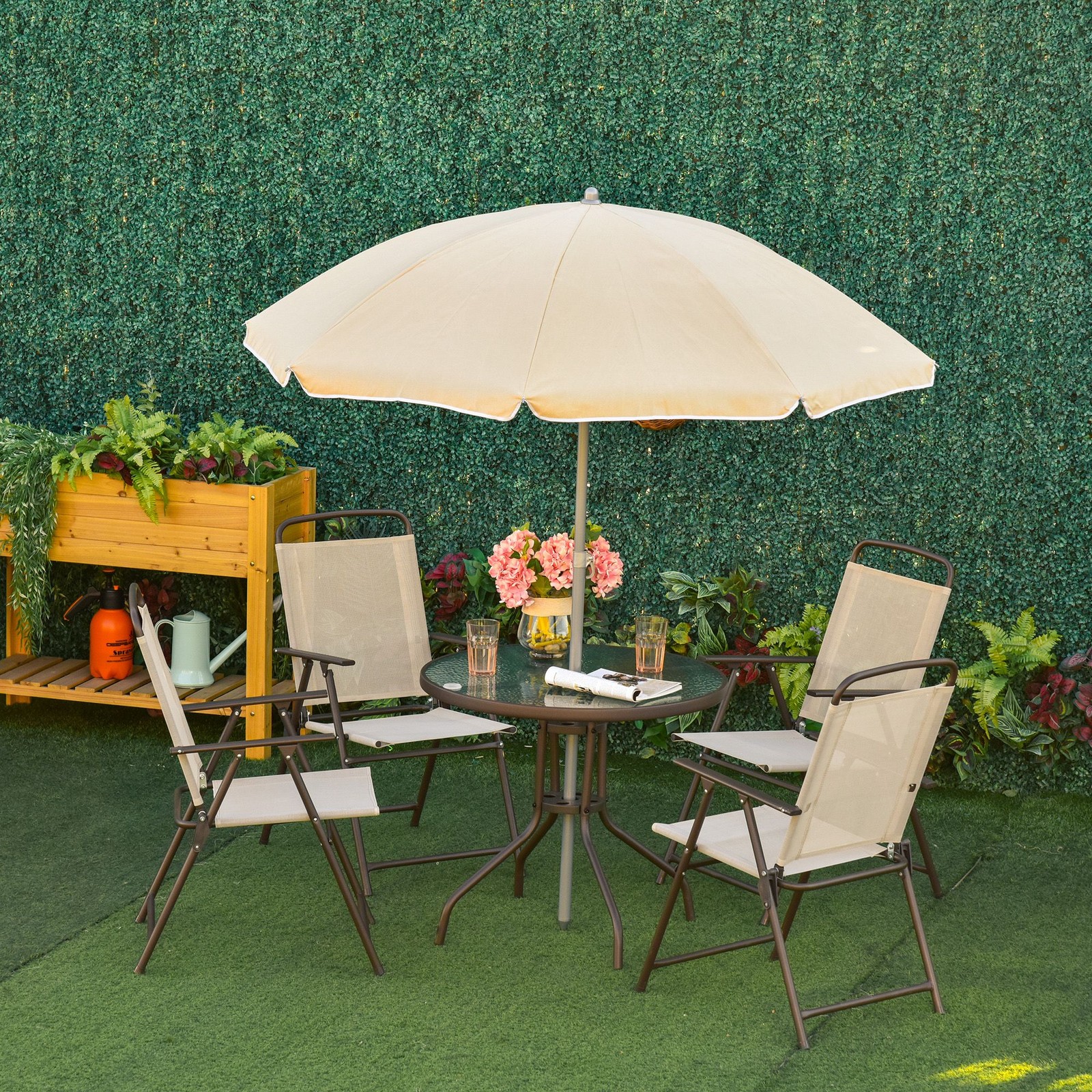 Outdoor Dining Set — 31.5″ Glass Table, 4 Mesh Chairs, 67″ 8-Rib Umbrella, Beige