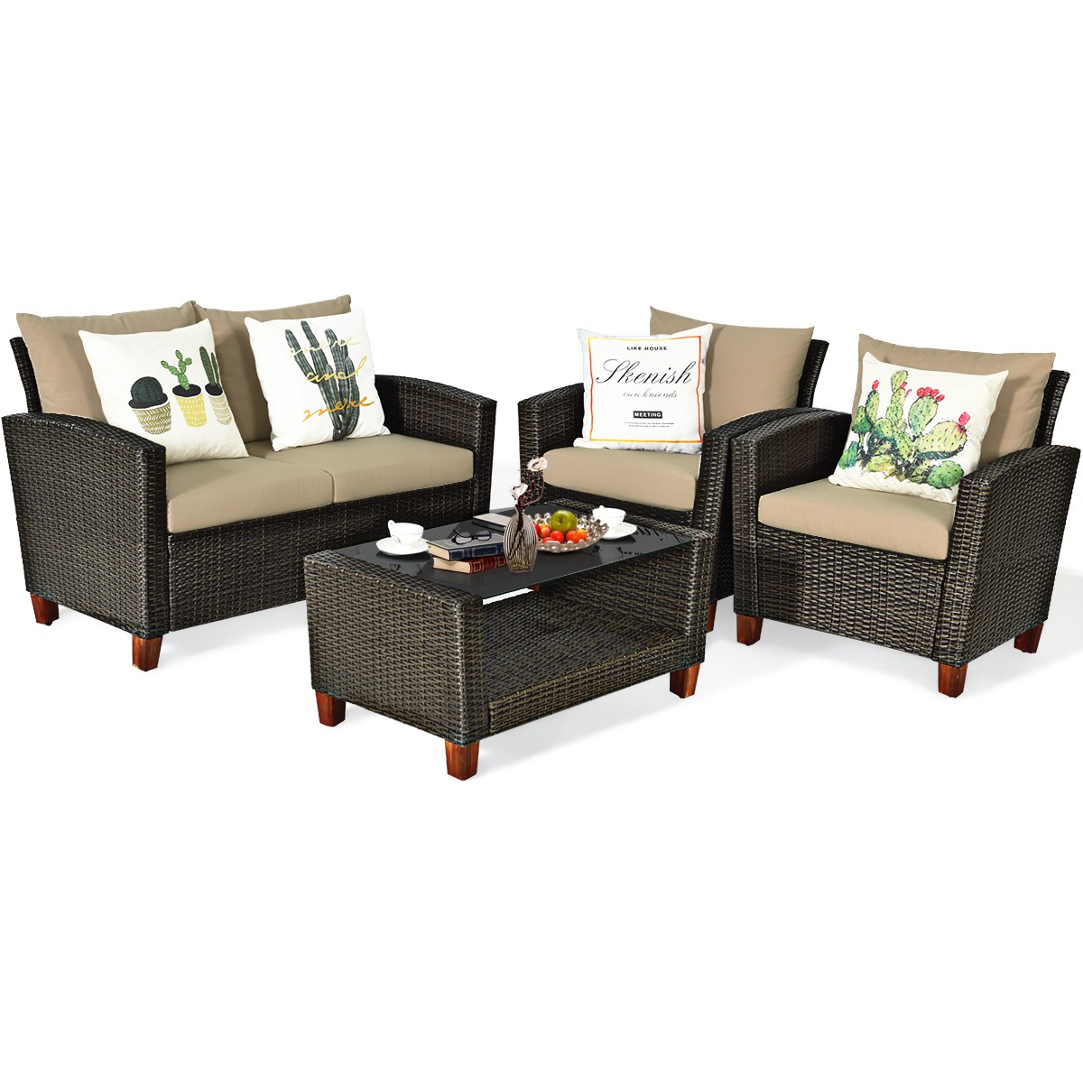 4 PCS Patio Rattan Furniture Set Solid Wood Leg Cushioned Sofa Set Steel Frame
