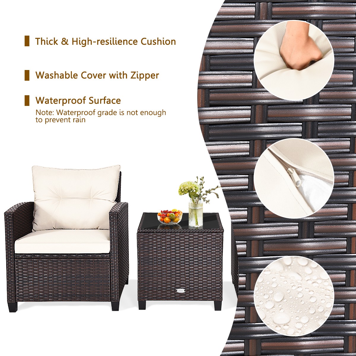 3PCS Patio Rattan Furniture Set Cushioned Sofa Coffee Table Garden off White