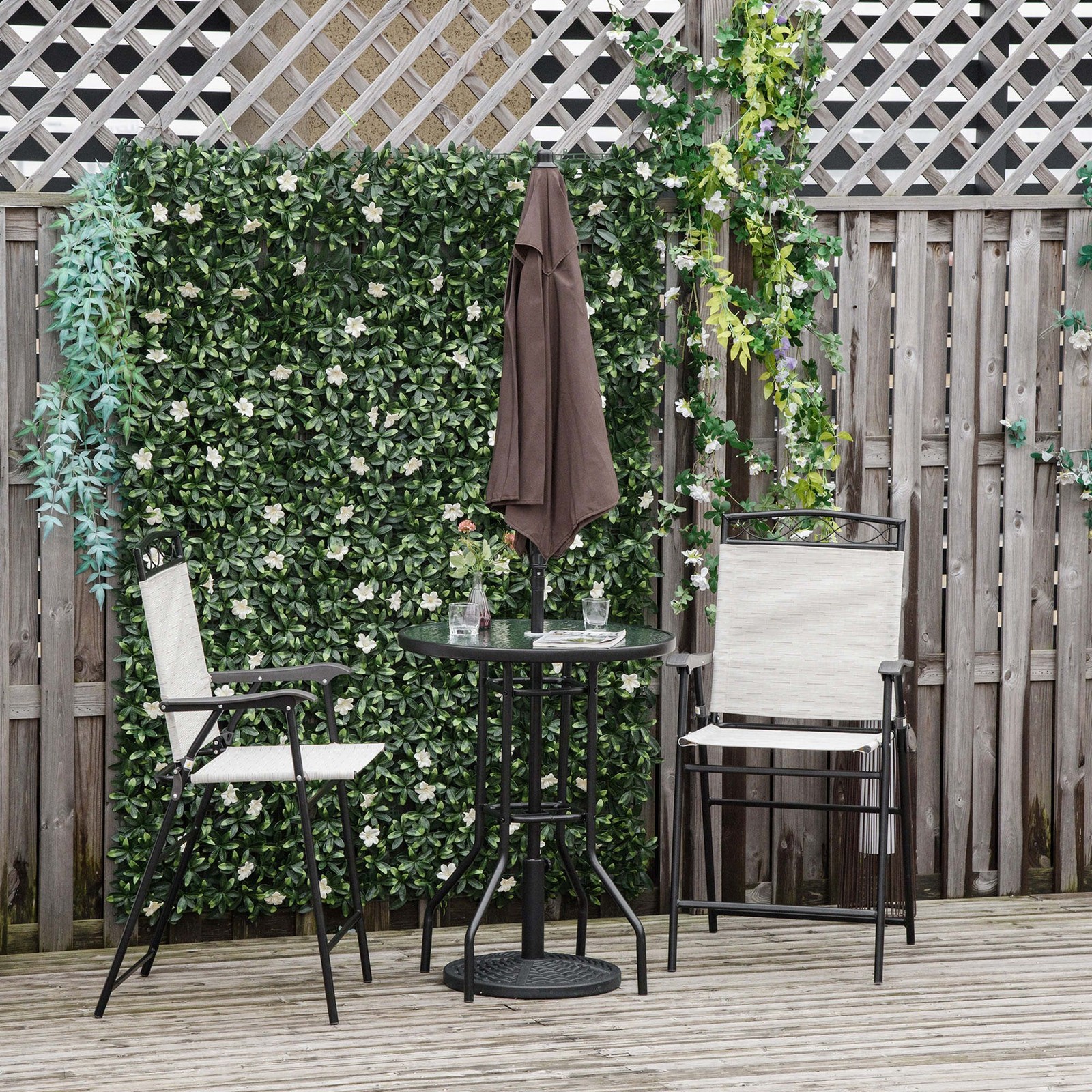 Bar Height Patio Set: 2 Fold Chairs, 27.5″ Dia Glass Table, Tilting Umbrella