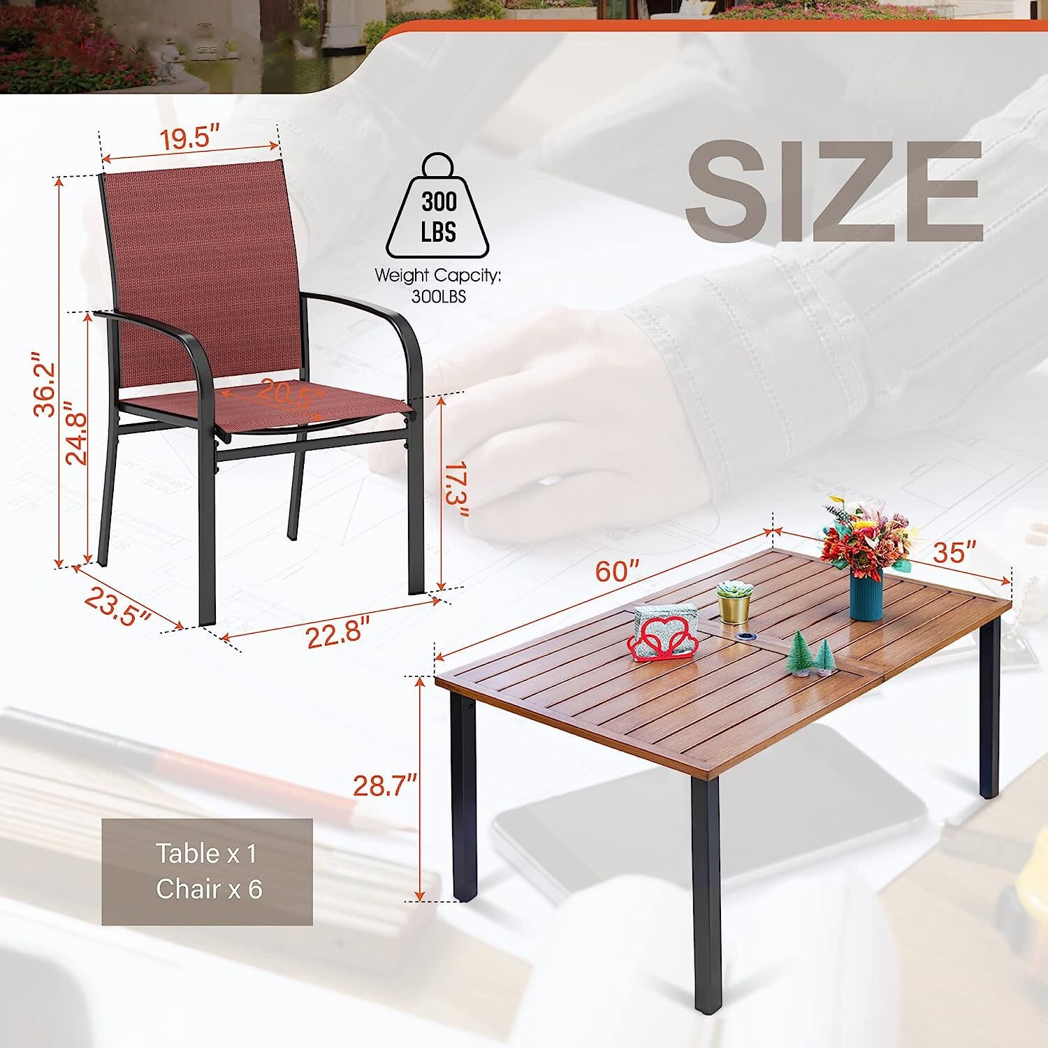 7 Piece Patio Furniture Set Outdoor Dining Set with 6 Chairs Rectangle Table Red