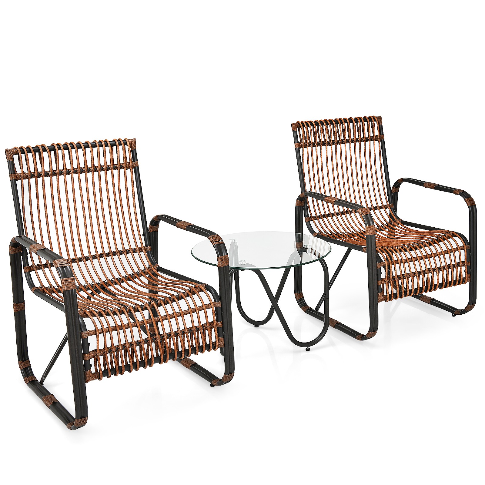 Patiojoy 3PCS Patio Rattan Furniture Set Conversational Sofa Coffee Table Garden
