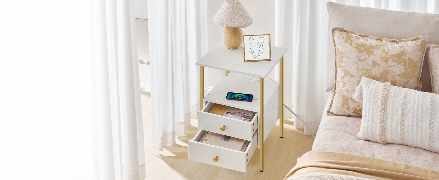 End Table with Charging Stat, Bedside Table with 2 Der & USB