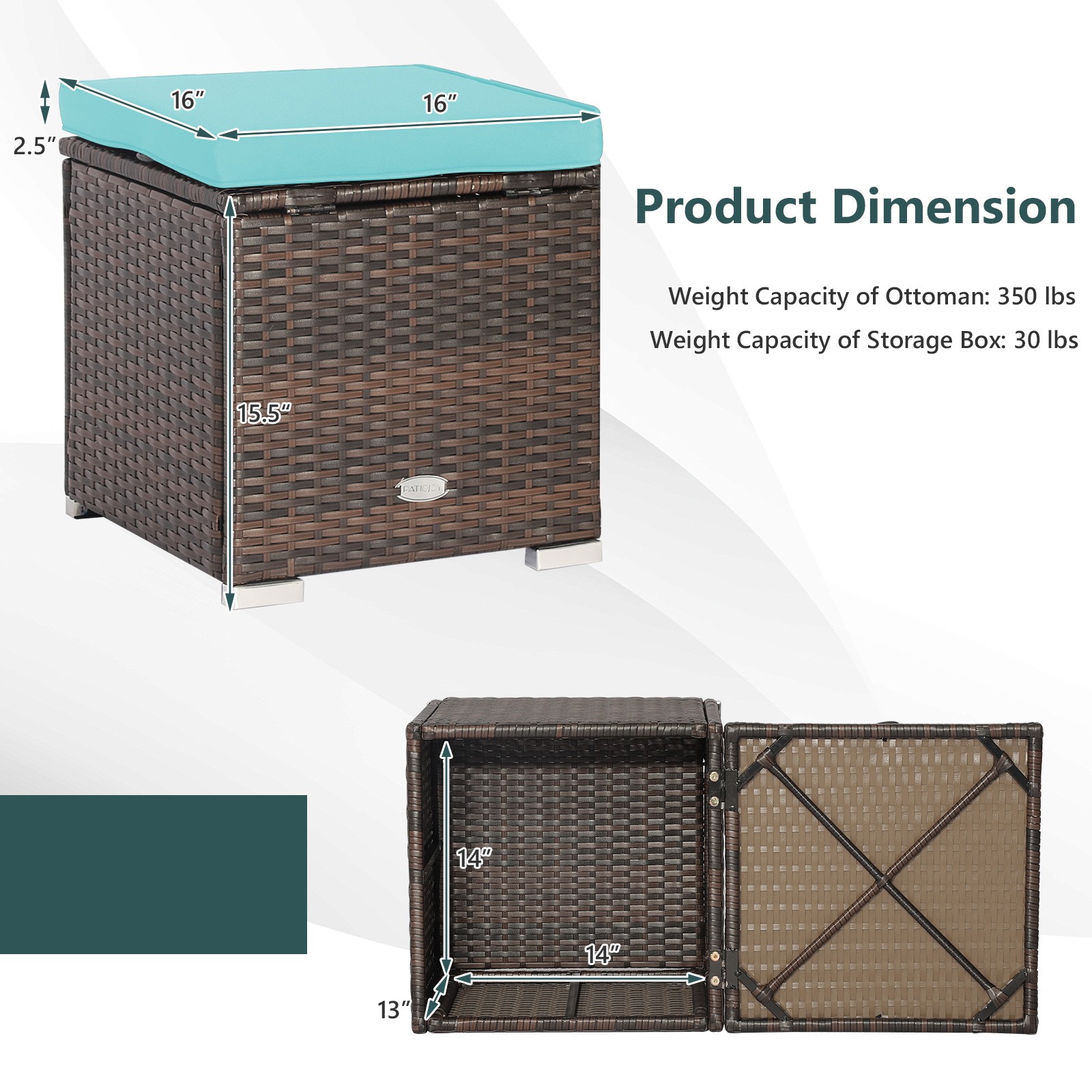 2-Piece Rattan Ottoman Set Storage Boxes Side Tables with Turquoise Cushions